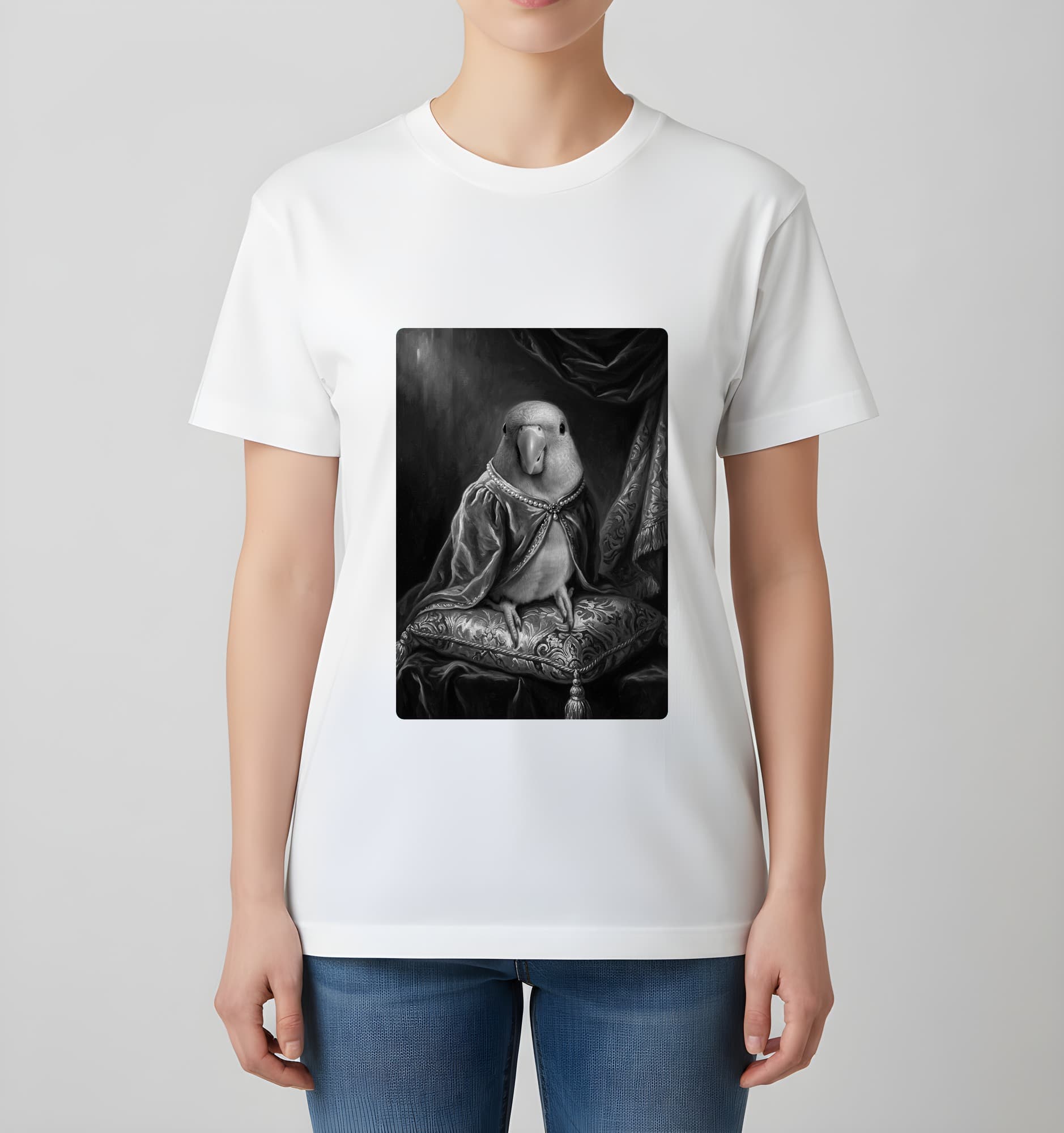 オキナインコのルネサンス肖像画Tシャツ(ホワイト・モノクロプリント・額縁なし) 4