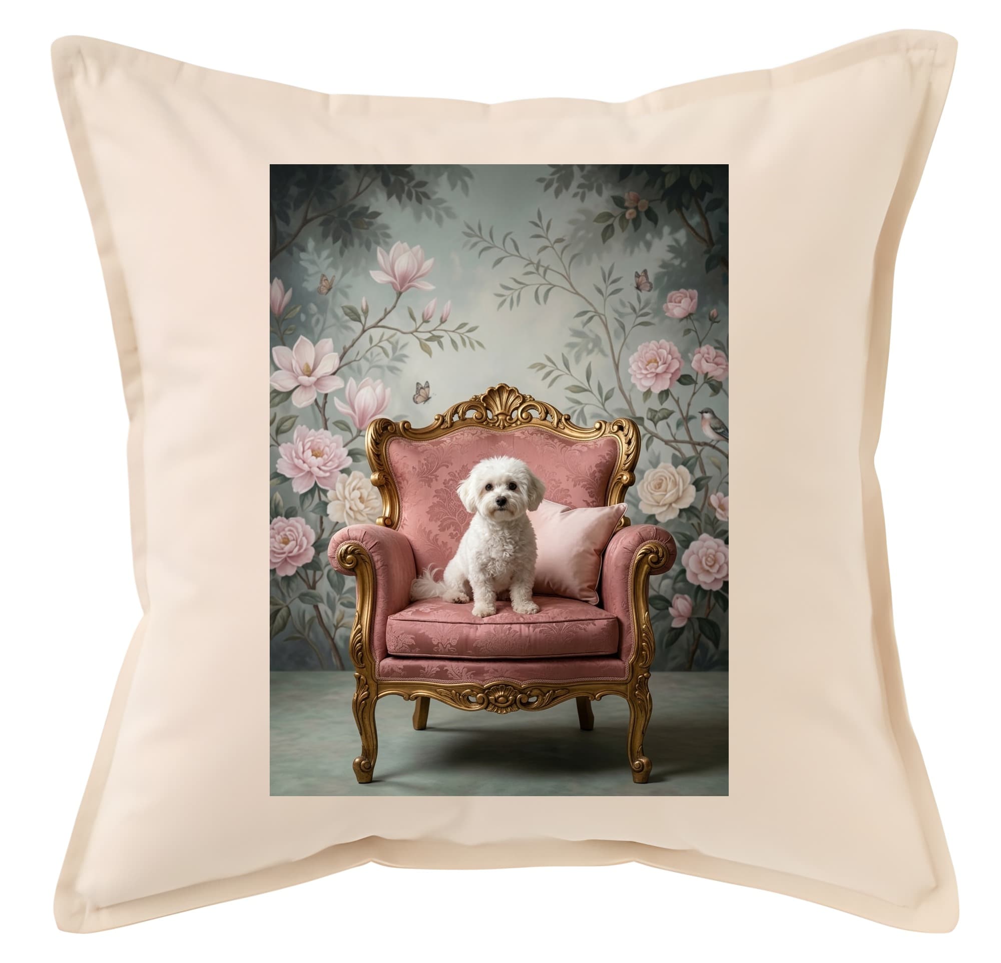 bichon frise Shabby Pink Oil-Painting Rococo Cushion