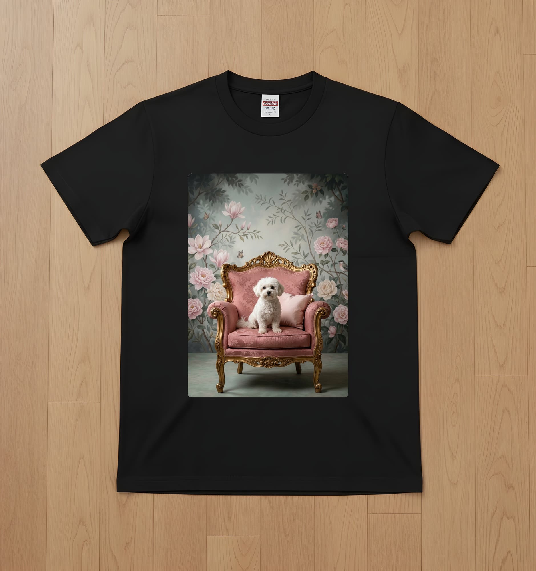 ビションフリーゼのシャビーピンクの油絵風アートロココ調Tシャツ(ブラック)