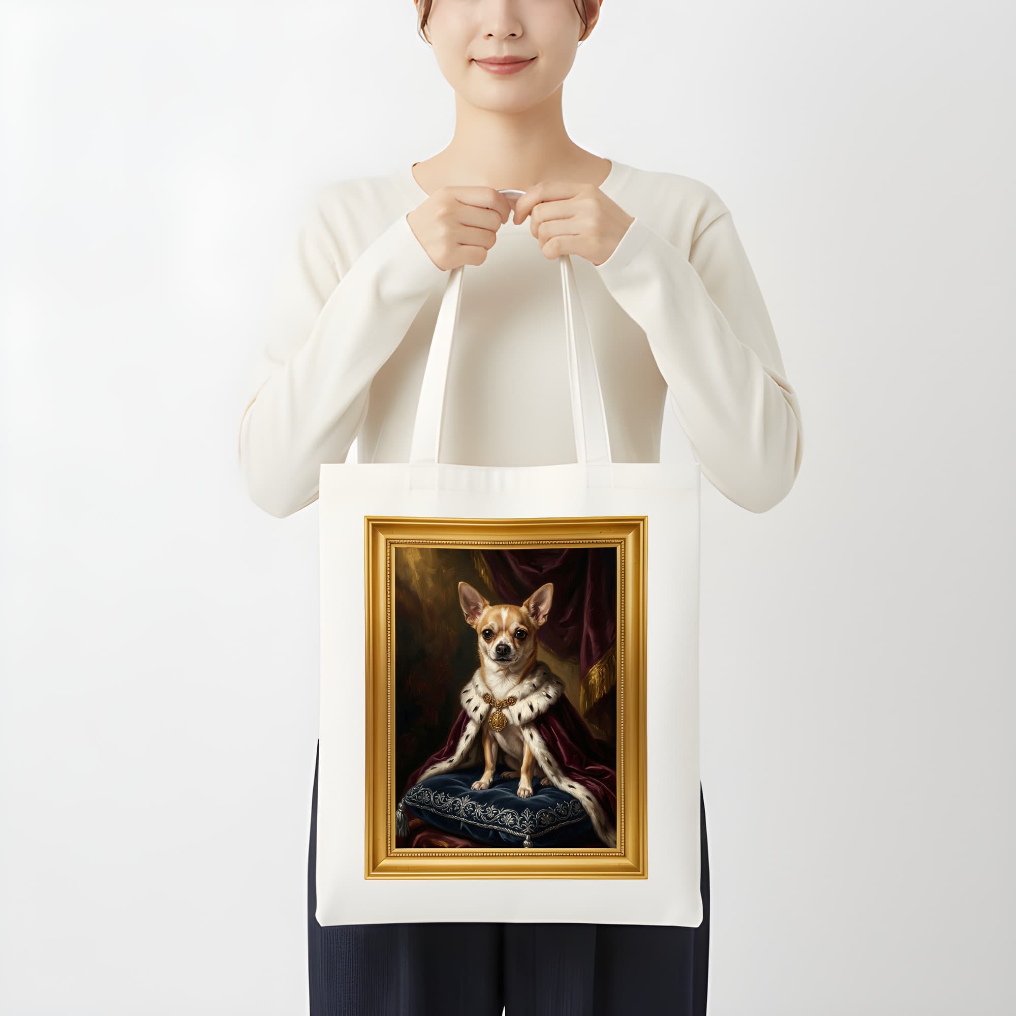 chihuahua Renaissance Portrait Tote Bag (Color Print, Framed Design) 3