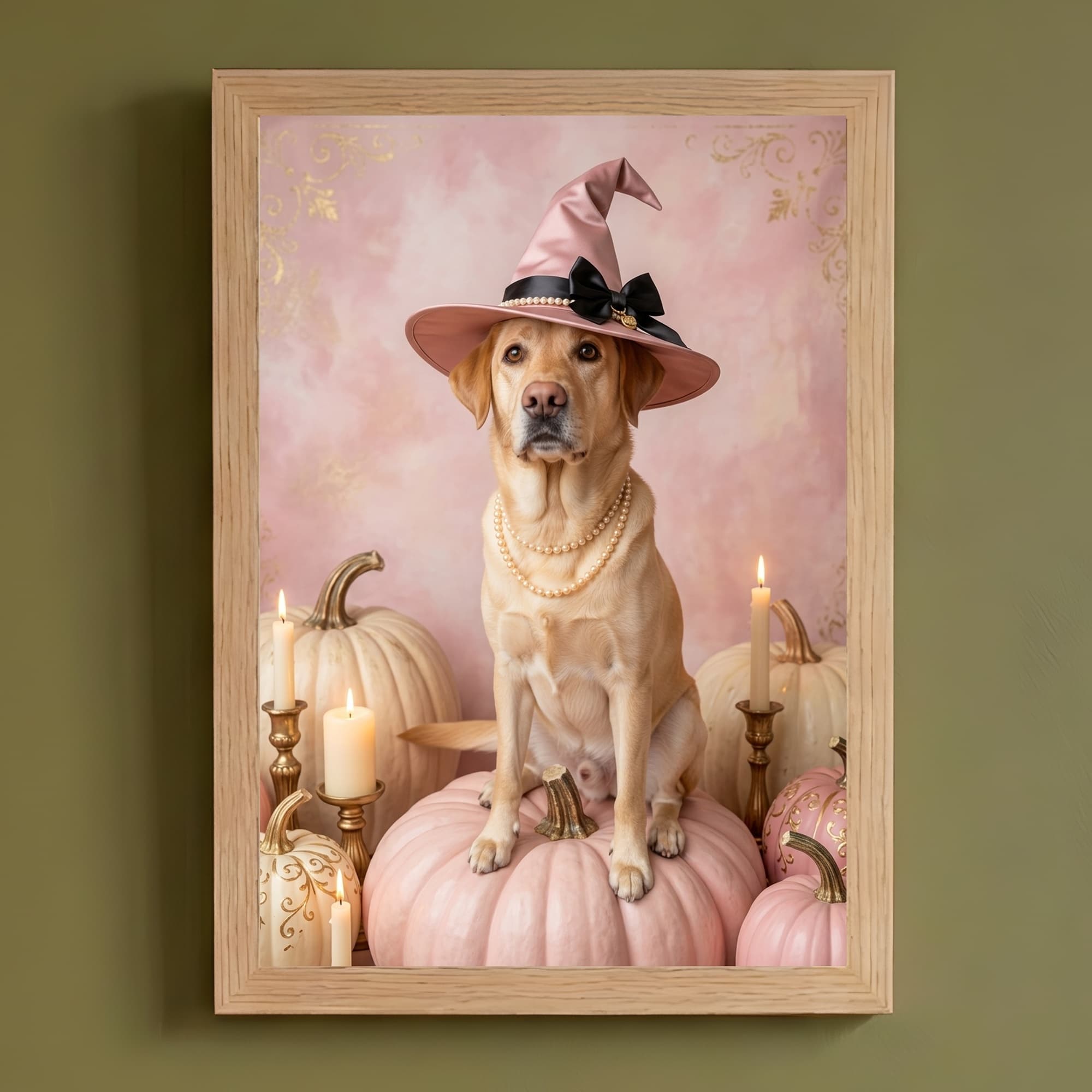 ラブラドールレトリバーのかぼちゃとキャンドルの油絵風アートハロウィン額装プリント(A4サイズ)