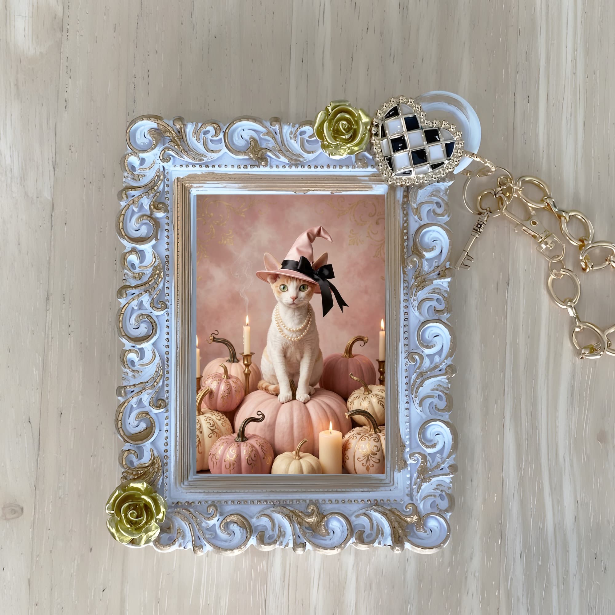 Devon Rex Pumpkin & Candlelight Oil-Painting Halloween Bag Charm (White)