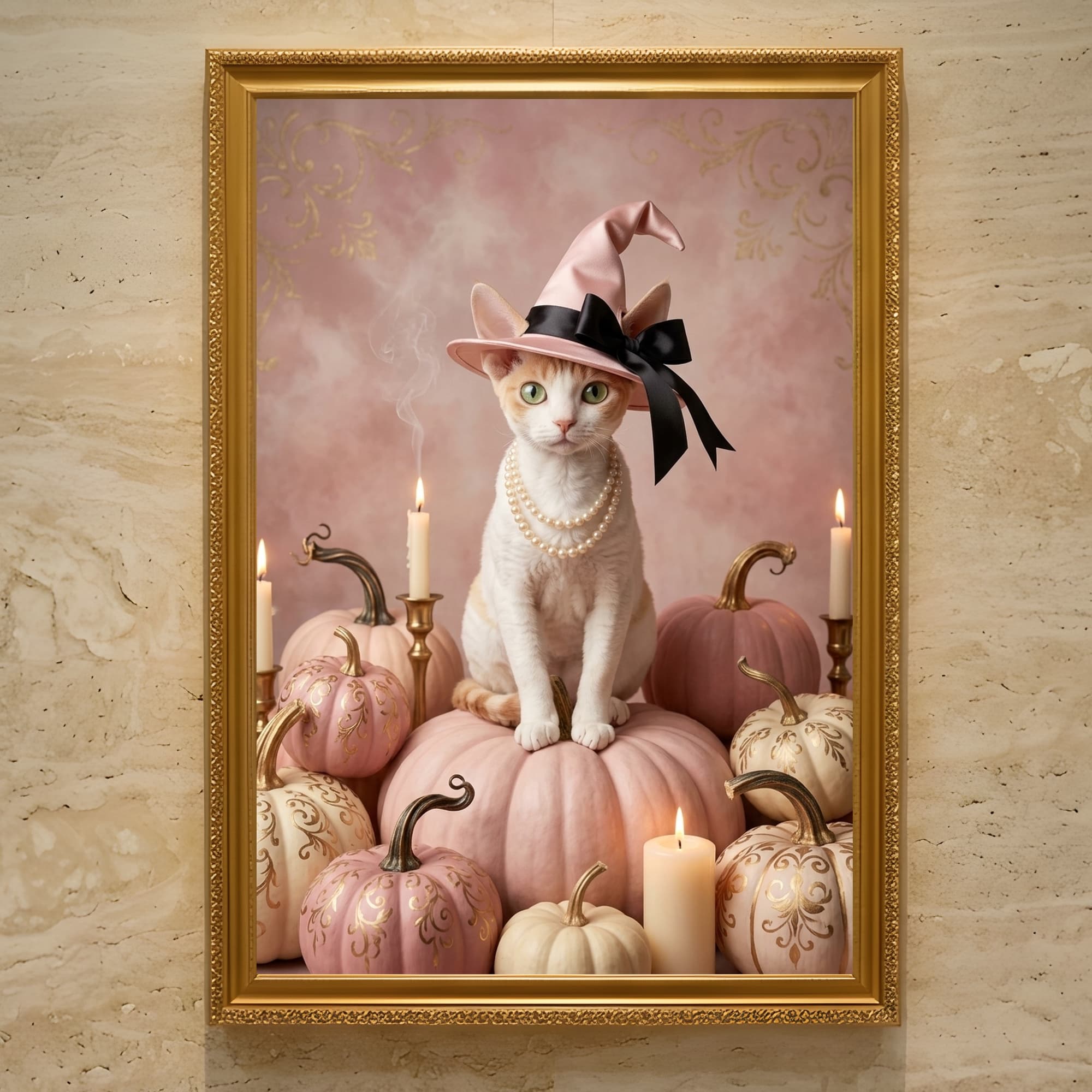 デボンレックスのかぼちゃとキャンドルの油絵風アートハロウィン額装プリント(A3サイズ)