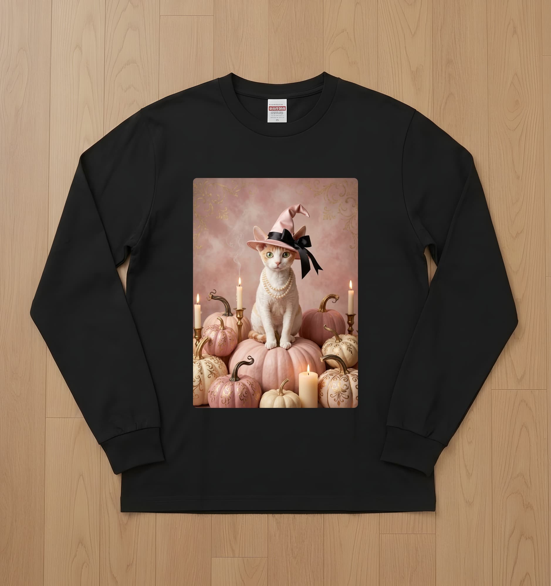 Devon Rex Pumpkin & Candlelight Oil-Painting Halloween Long Sleeve T-Shirt (Black)