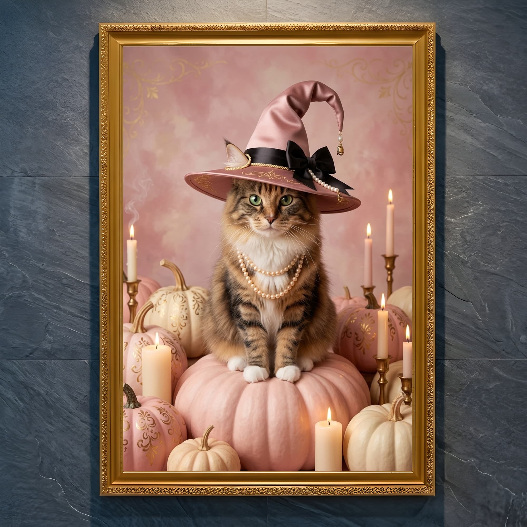 ノルウェージャンフォレストキャットのかぼちゃとキャンドルの油絵風アートハロウィン額装プリント(A4金縁)