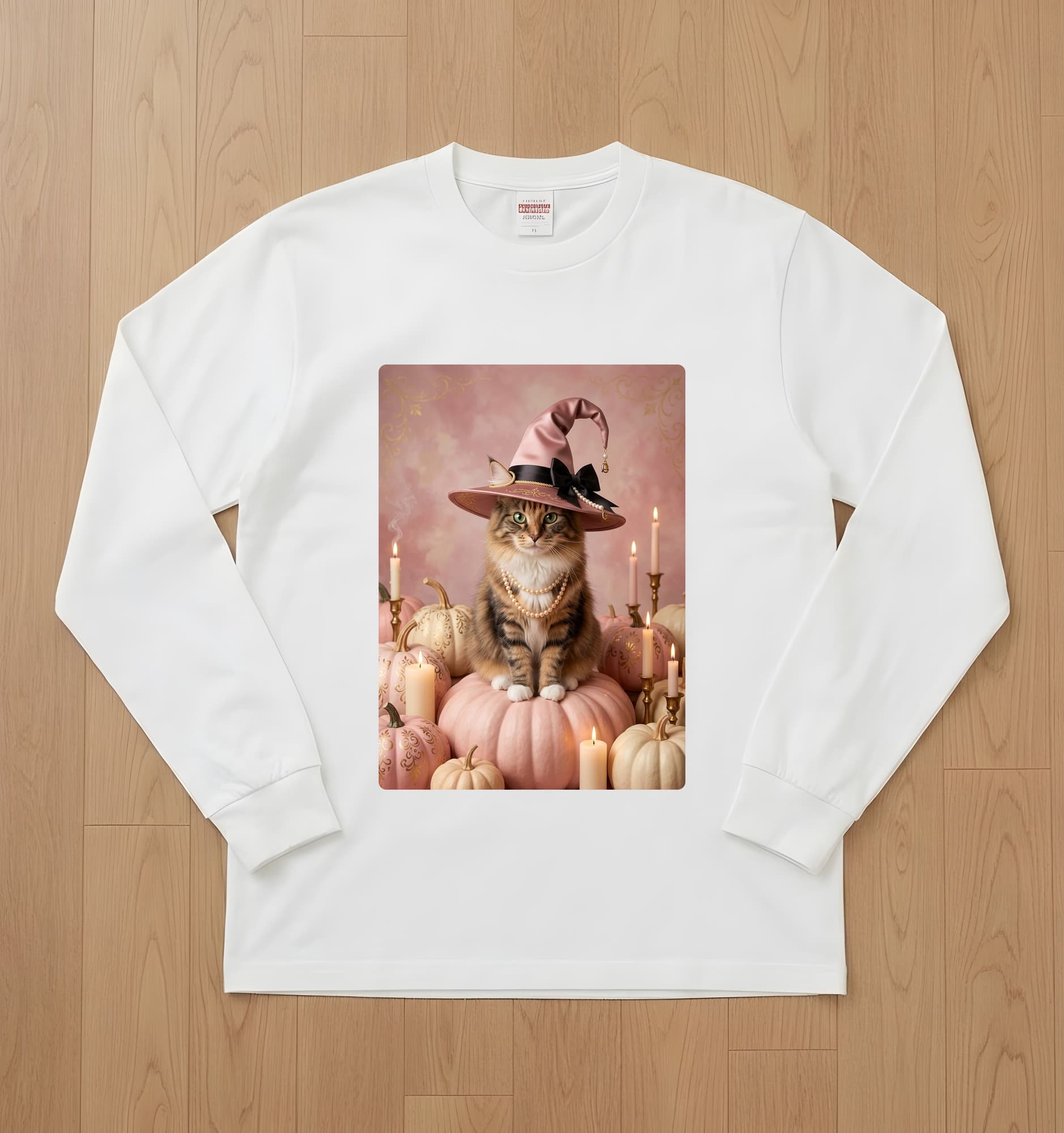 Norwegian Forest cat Pumpkin & Candlelight Oil-Painting Halloween Long Sleeve T-Shirt (White)