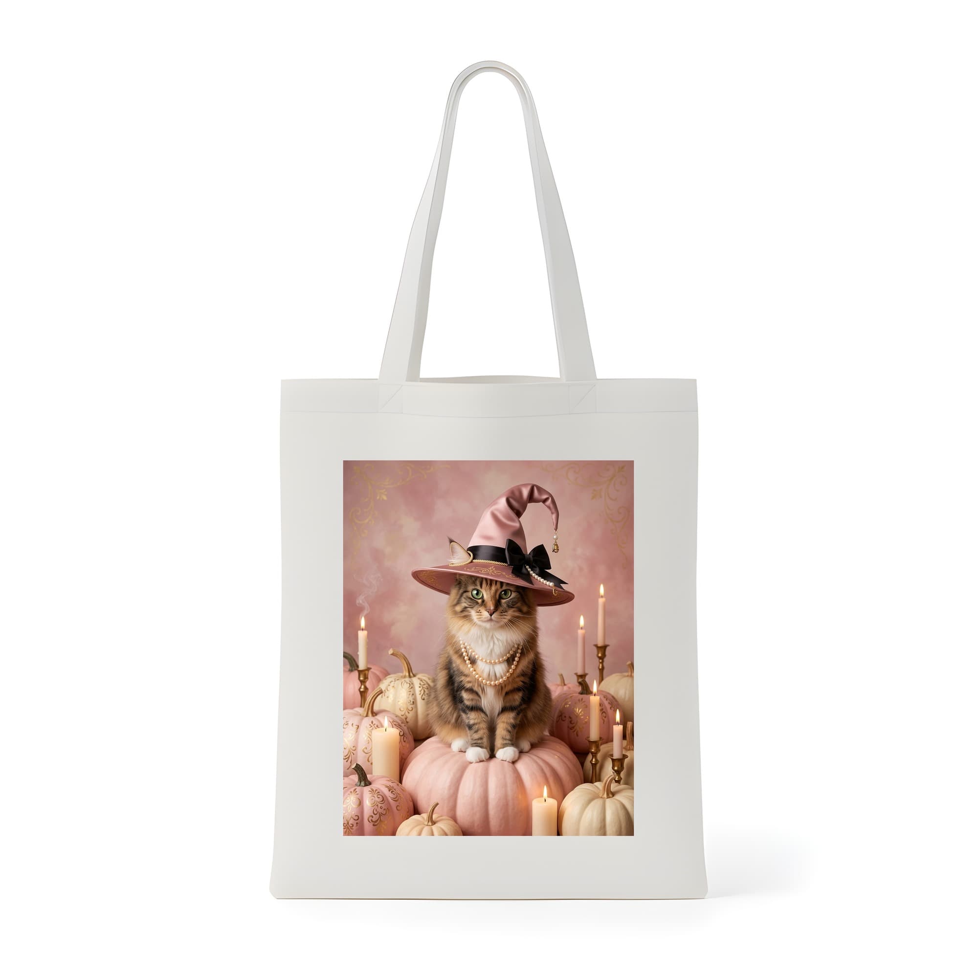 ノルウェージャンフォレストキャットのかぼちゃとキャンドルの油絵風アートハロウィントートバッグ