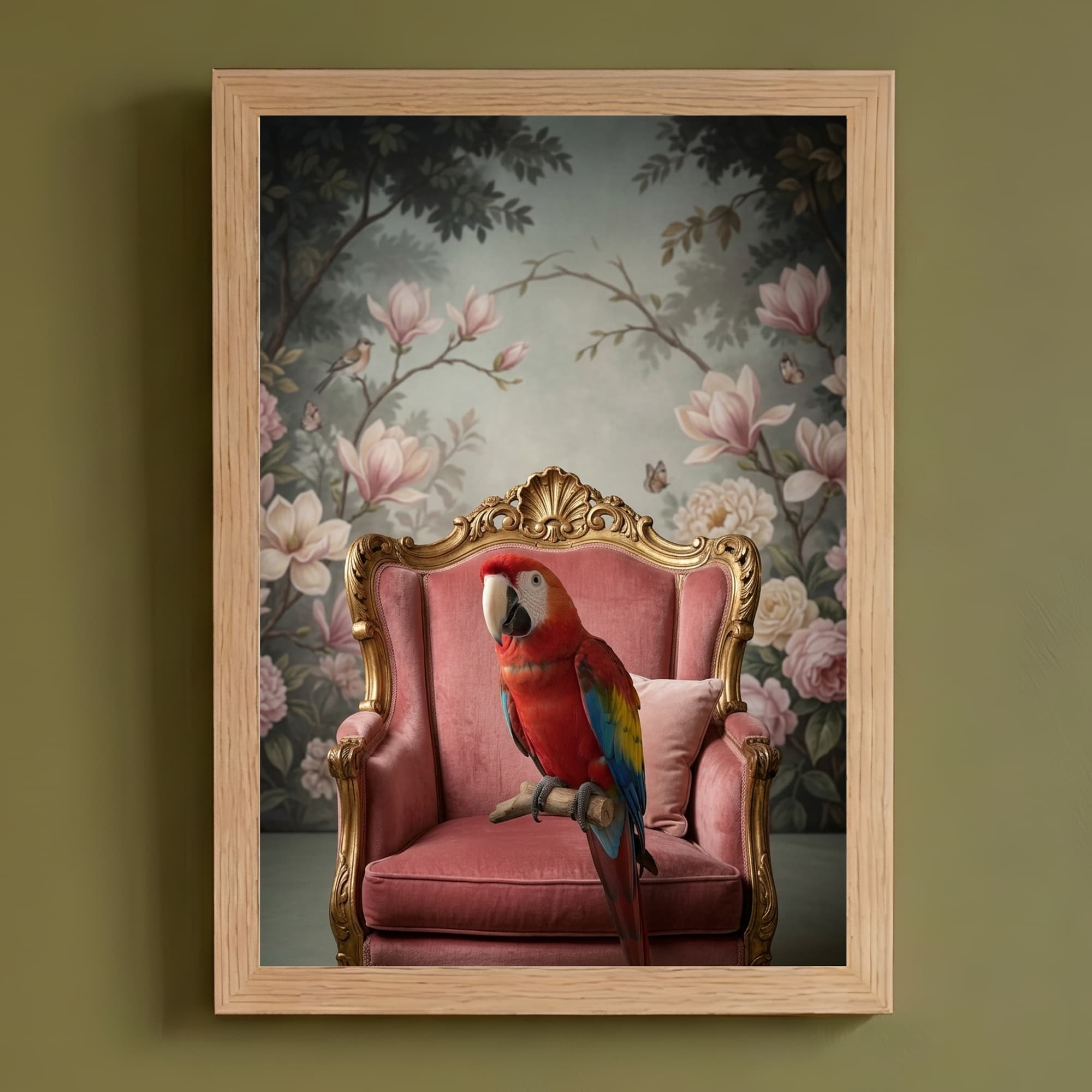Scarlet Macaw Shabby Pink Oil-Painting Rococo Framed Art Print (A4)