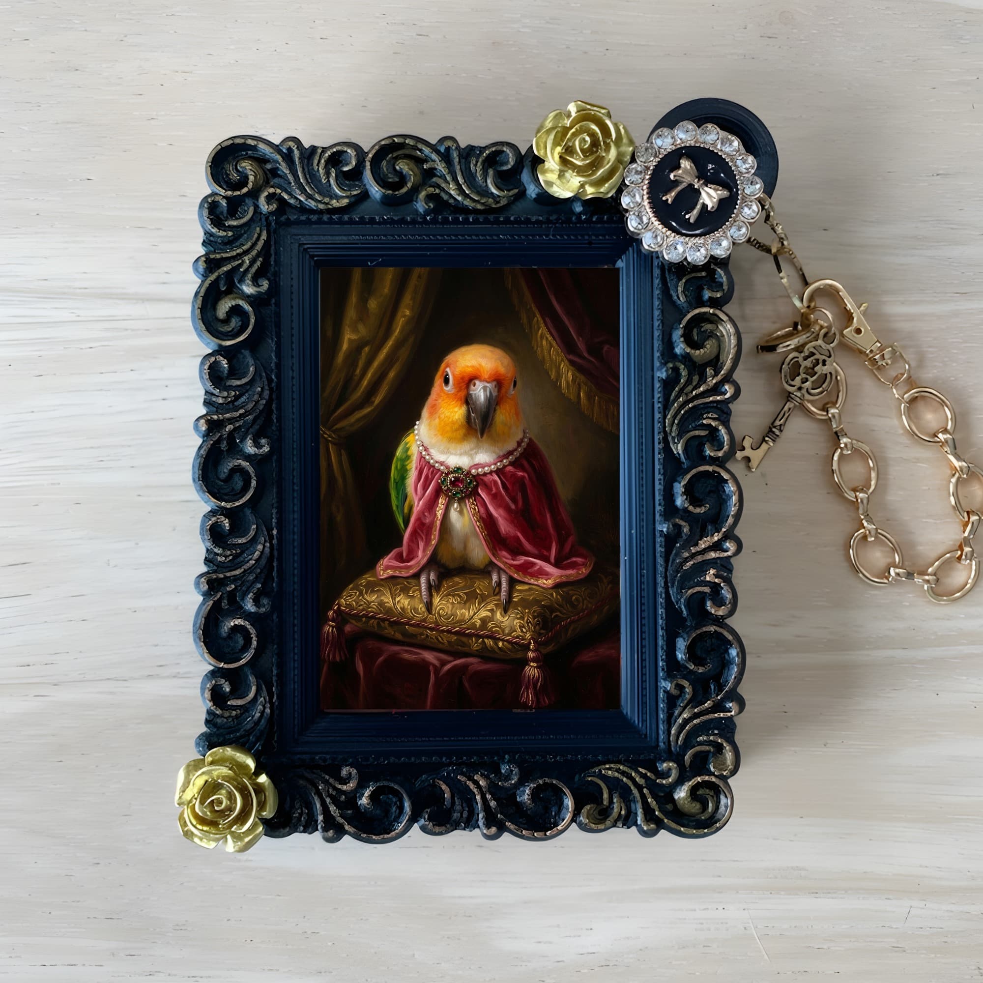 シロハラインコのルネサンス肖像画バッグチャーム(ブラック)