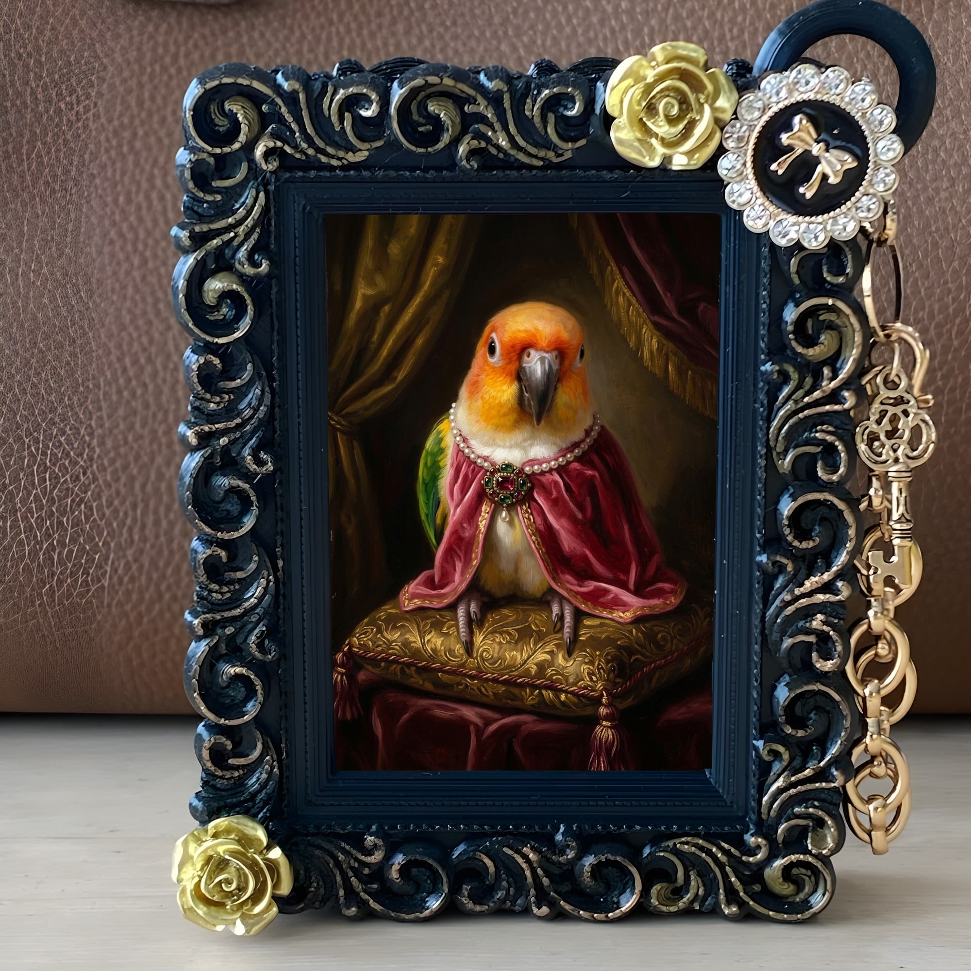 シロハラインコのルネサンス肖像画バッグチャーム(ブラック) 2