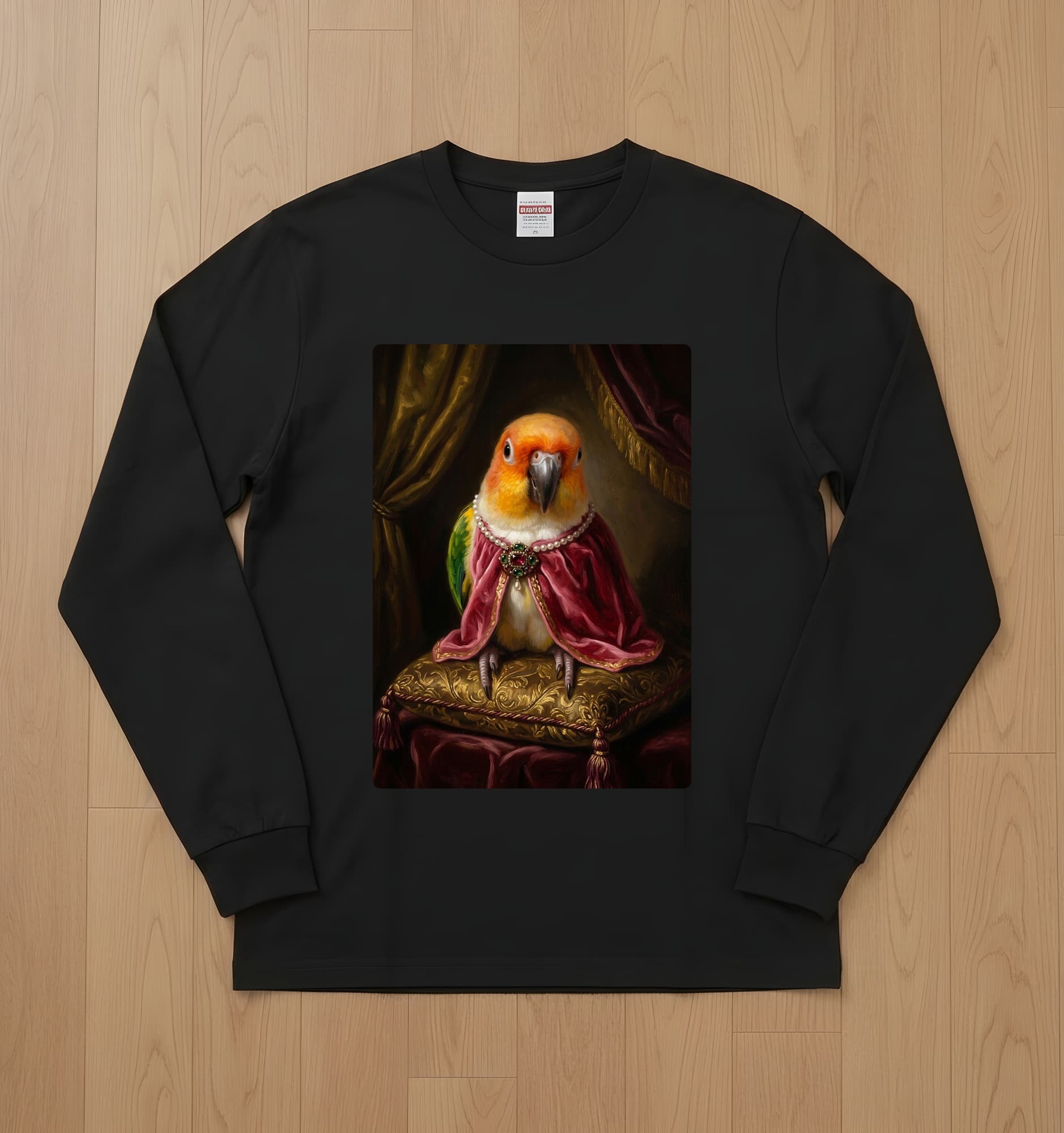 シロハラインコのルネサンス肖像画長袖Tシャツ(ブラック)