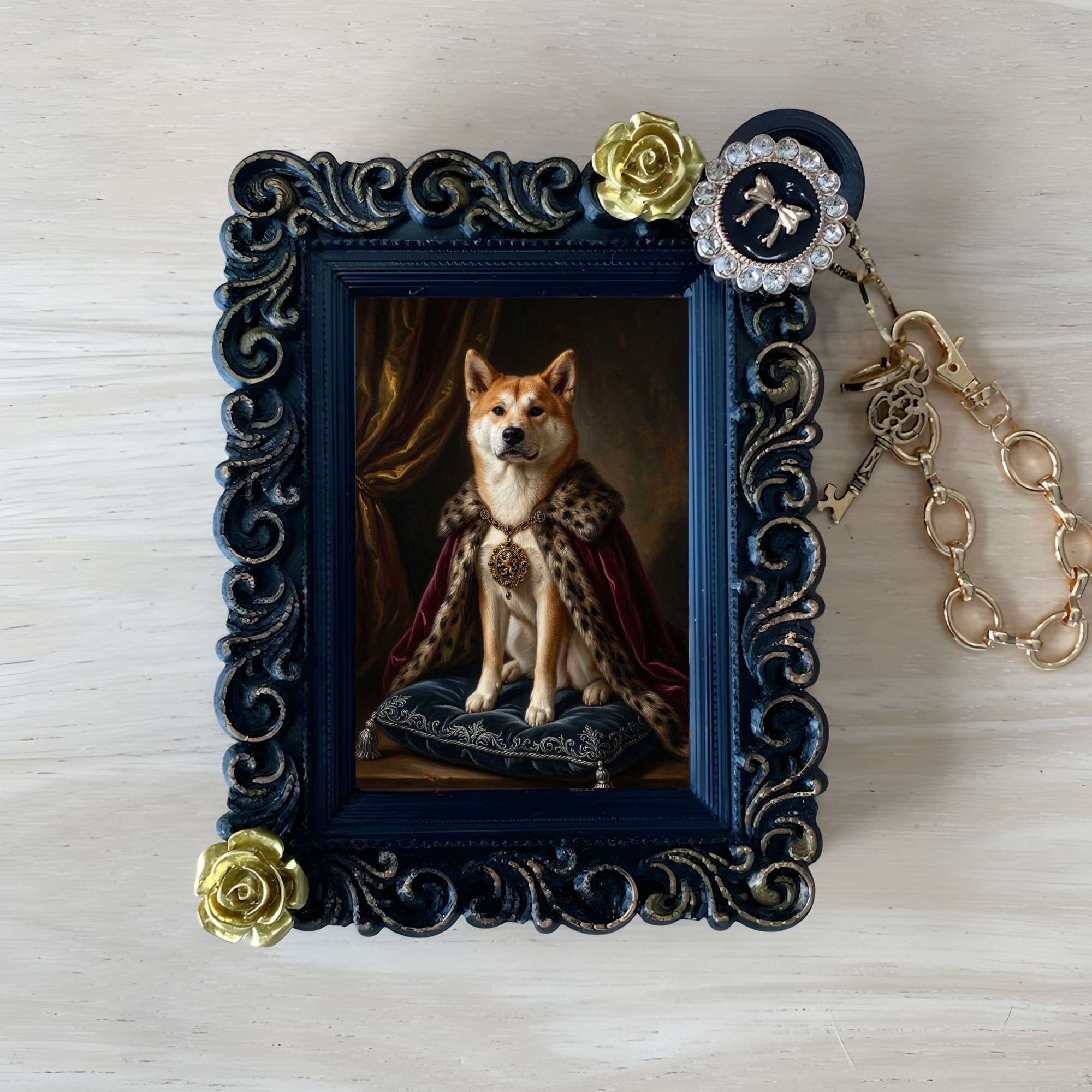 秋田犬のルネサンス肖像画バッグチャーム(ブラック)