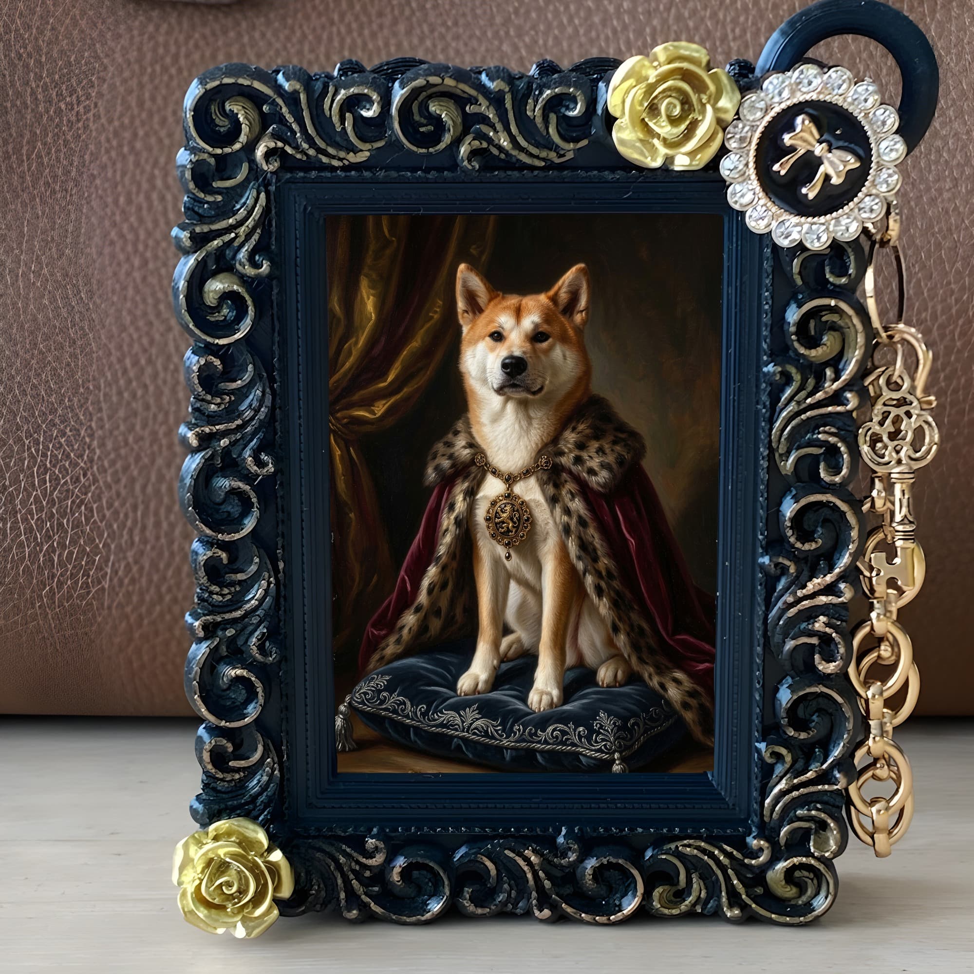 秋田犬のルネサンス肖像画バッグチャーム(ブラック) 2