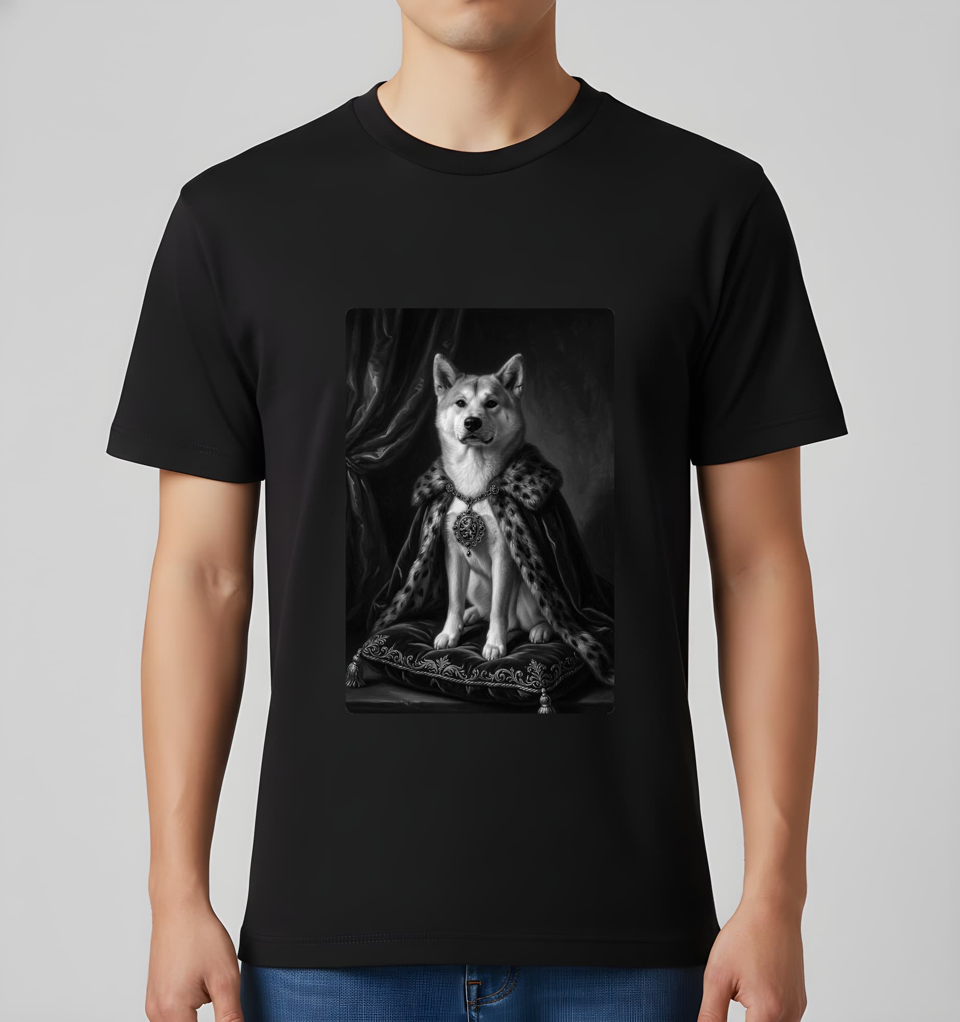 秋田犬のルネサンス肖像画Tシャツ(ブラック・モノクロプリント・額縁なし) 3