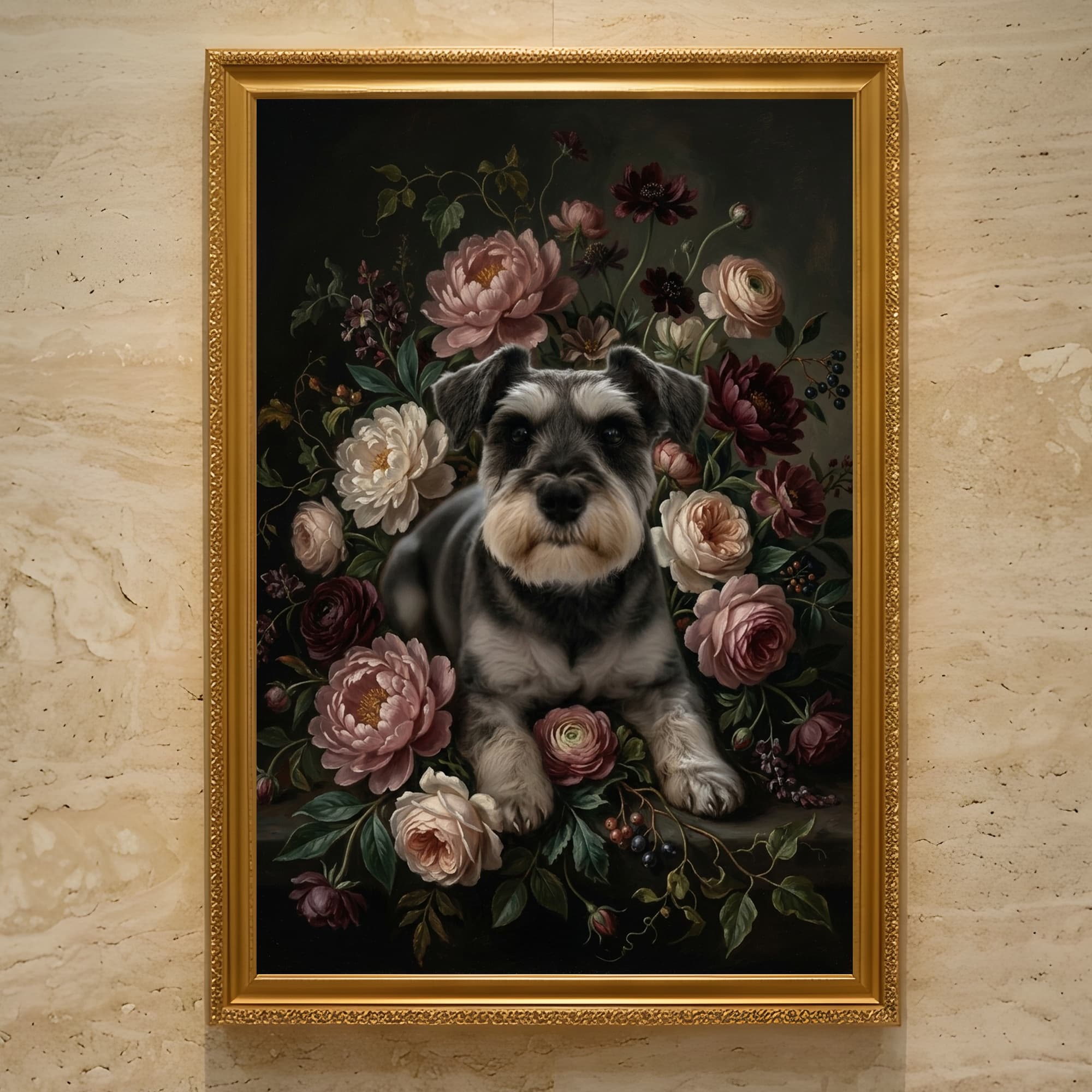 ミニチュアシュナウザーの花の油絵風アート花柄額装プリント(A3サイズ)