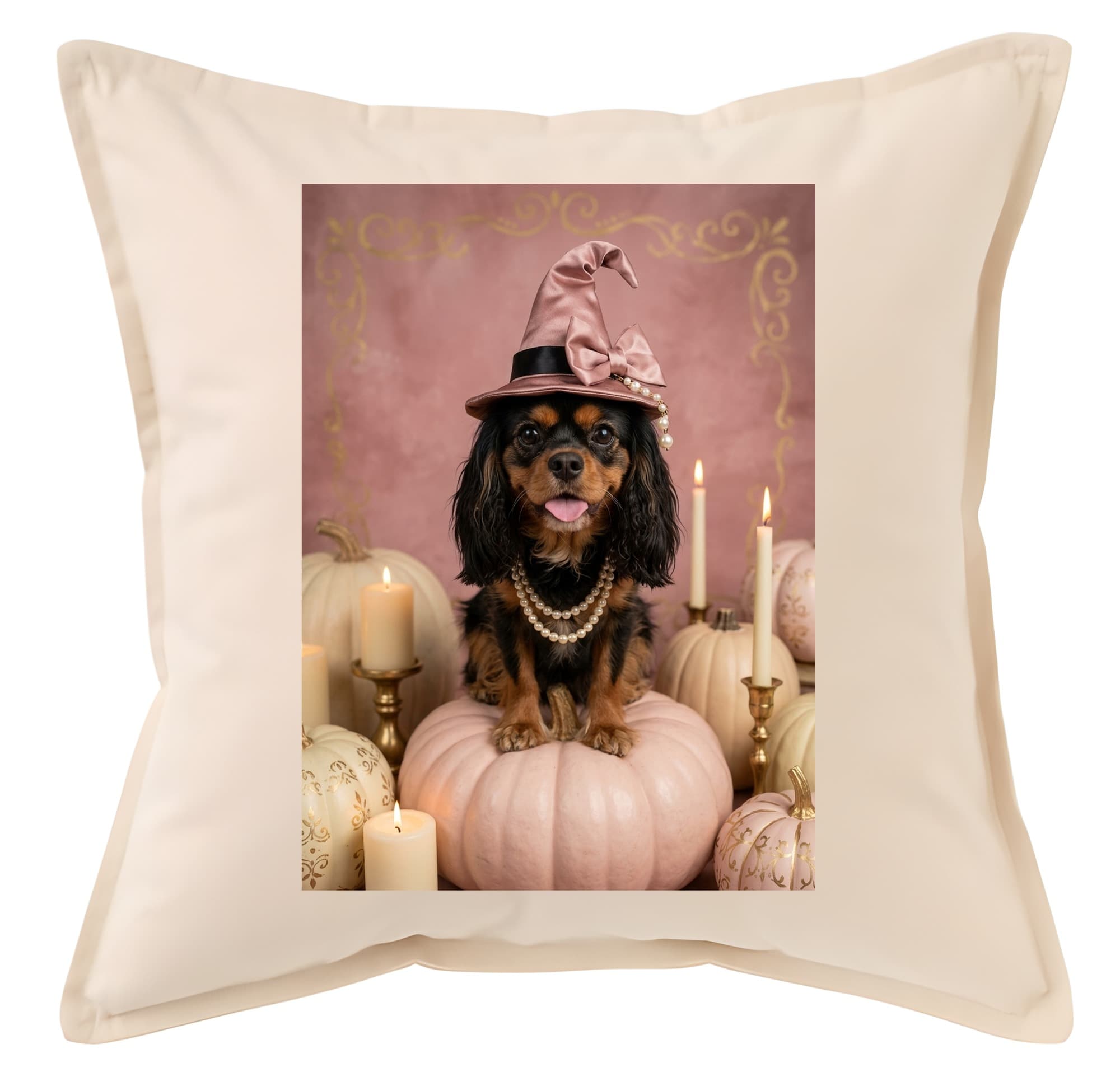 Cavalier King Charles spaniel Pumpkin & Candlelight Oil-Painting Halloween Cushion