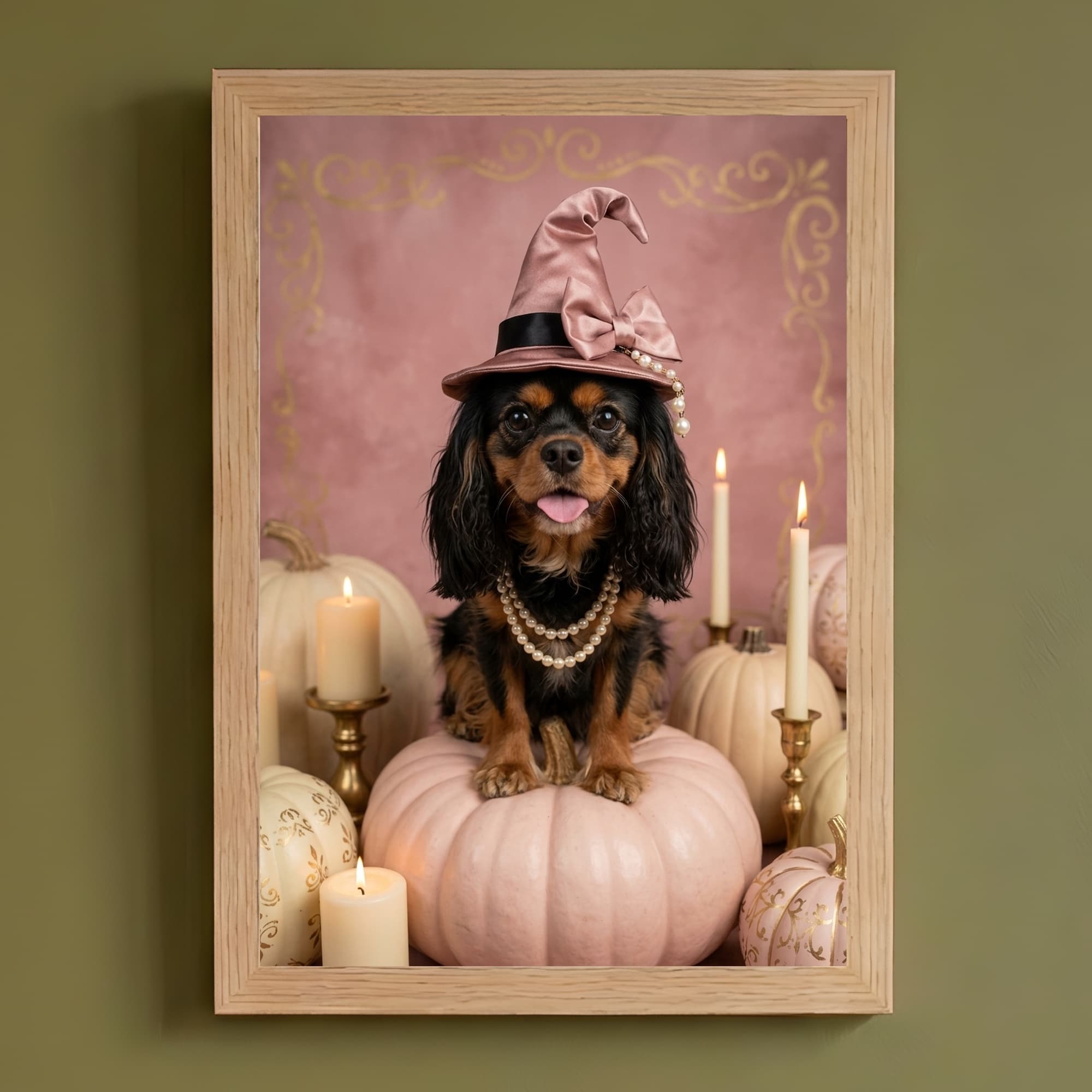キャバリアのかぼちゃとキャンドルの油絵風アートハロウィン額装プリント(A4サイズ)