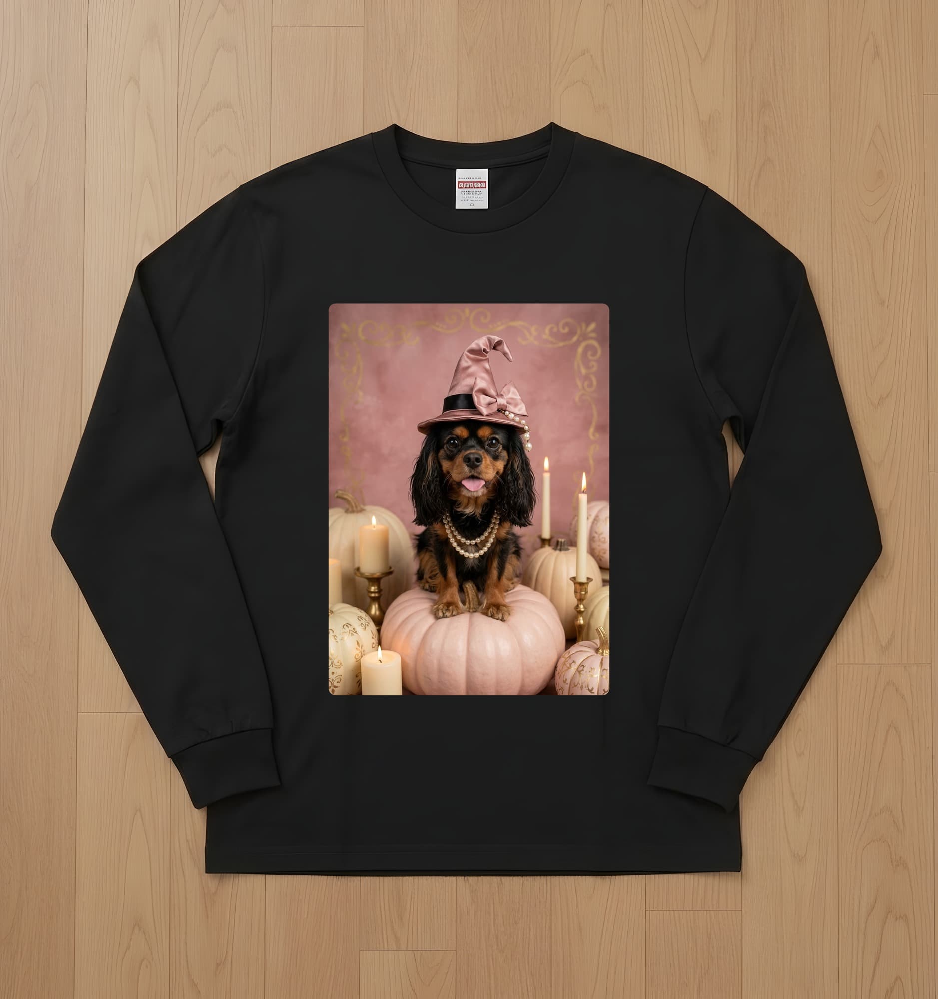 Cavalier King Charles spaniel Pumpkin & Candlelight Oil-Painting Halloween Long Sleeve T-Shirt (Black)
