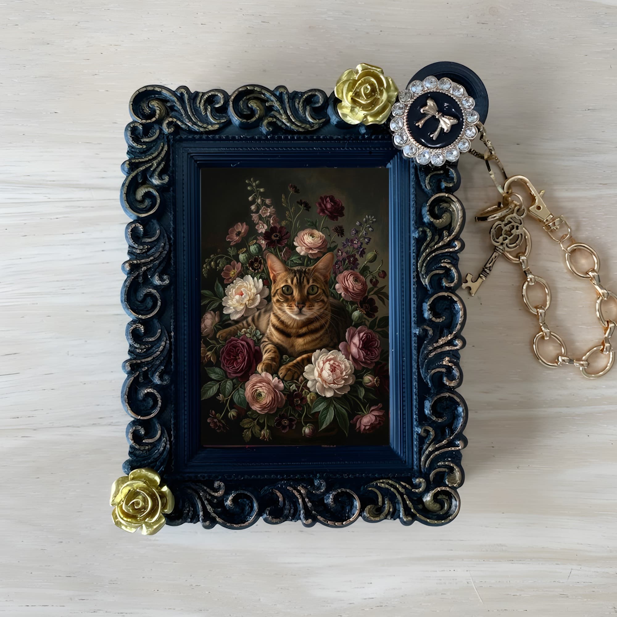 Bengal Floral Oil-Painting Floral Bag Charm (Black)