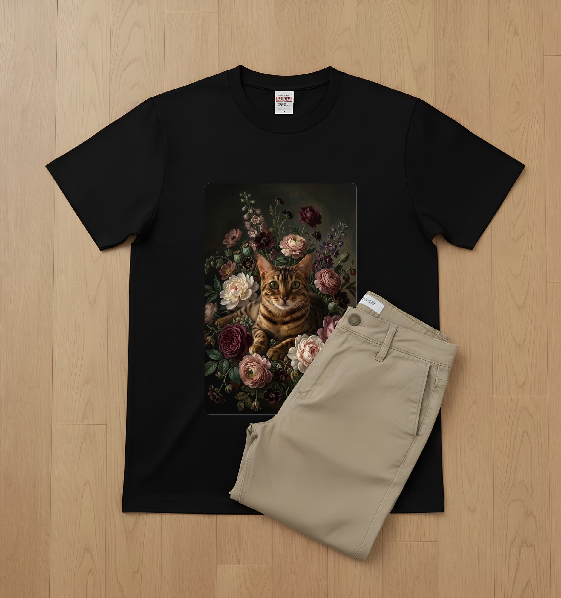 Bengal Floral Oil-Painting Floral T-Shirt (Black) 2