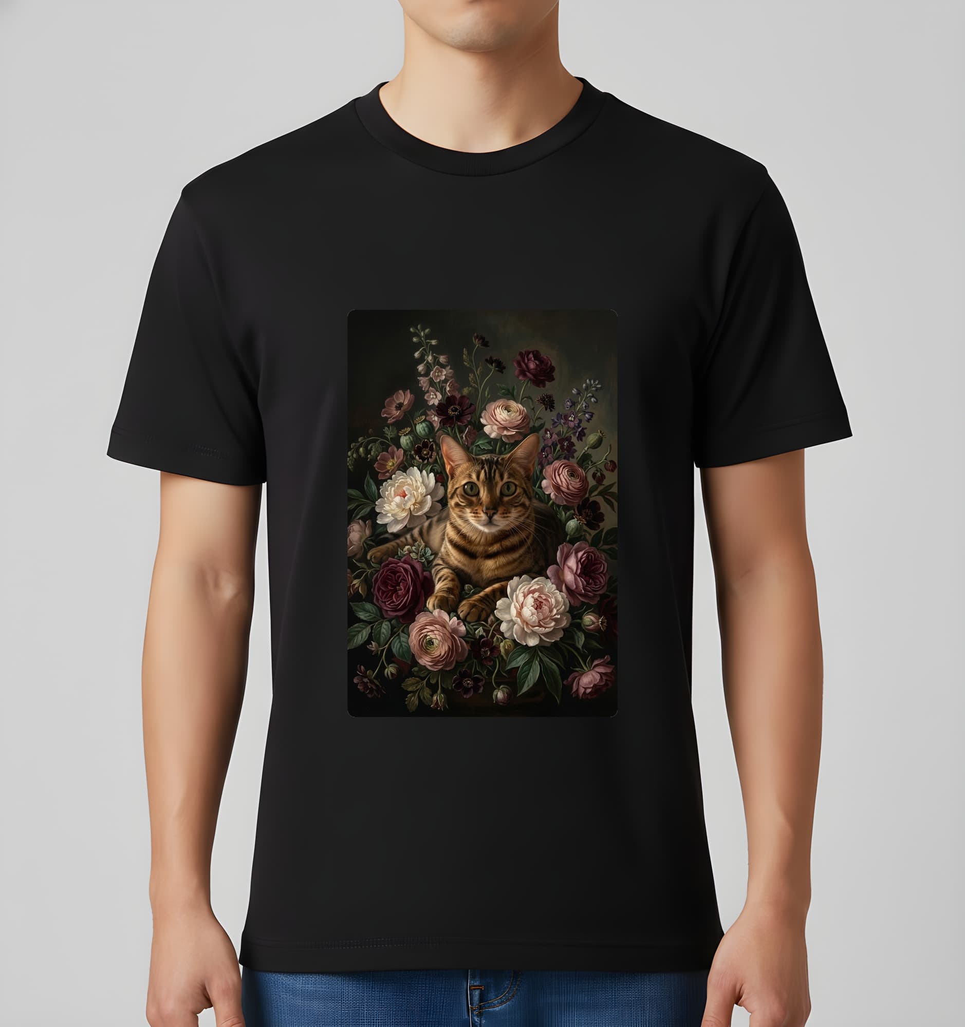 Bengal Floral Oil-Painting Floral T-Shirt (Black) 3