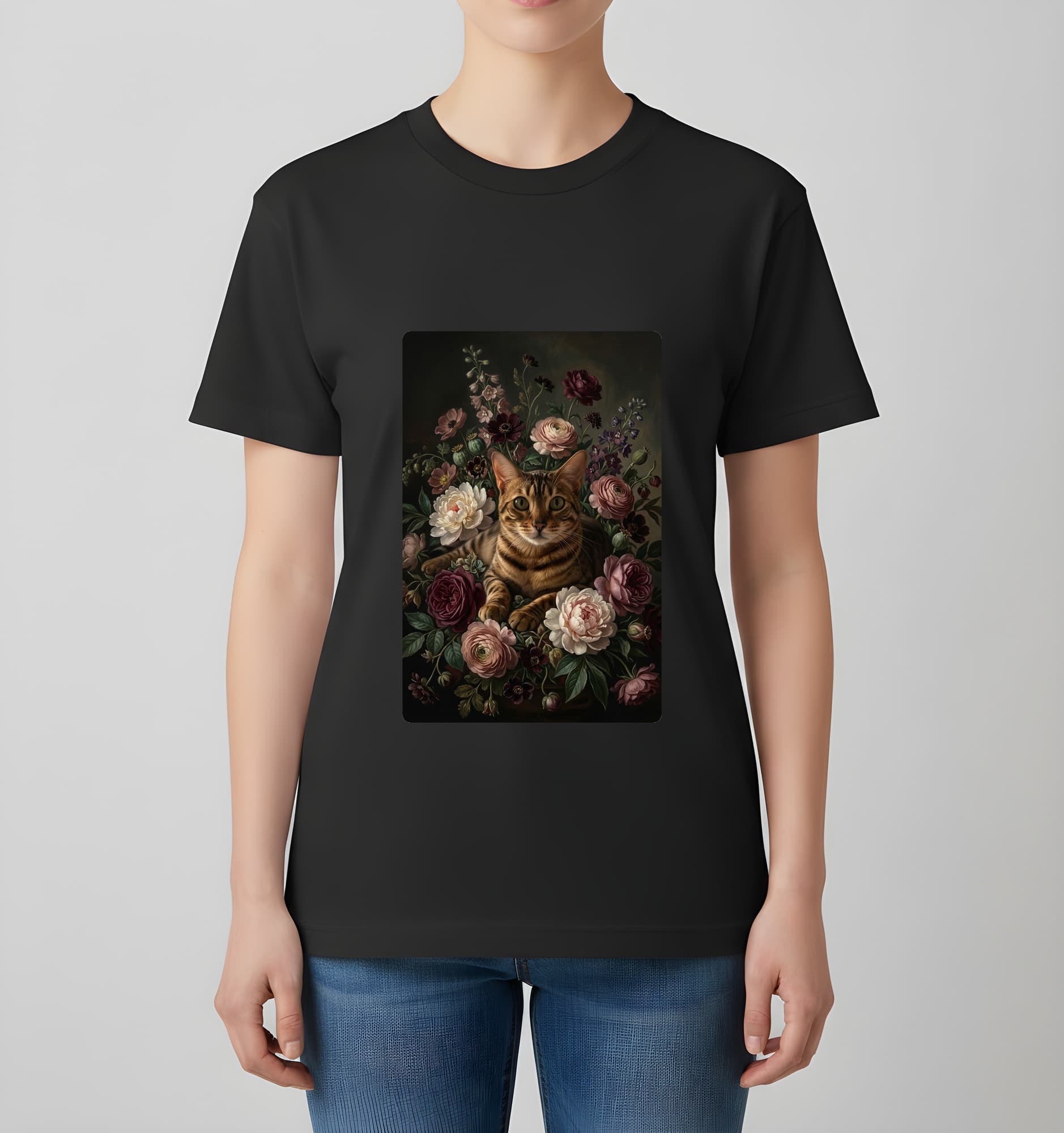 Bengal Floral Oil-Painting Floral T-Shirt (Black) 4