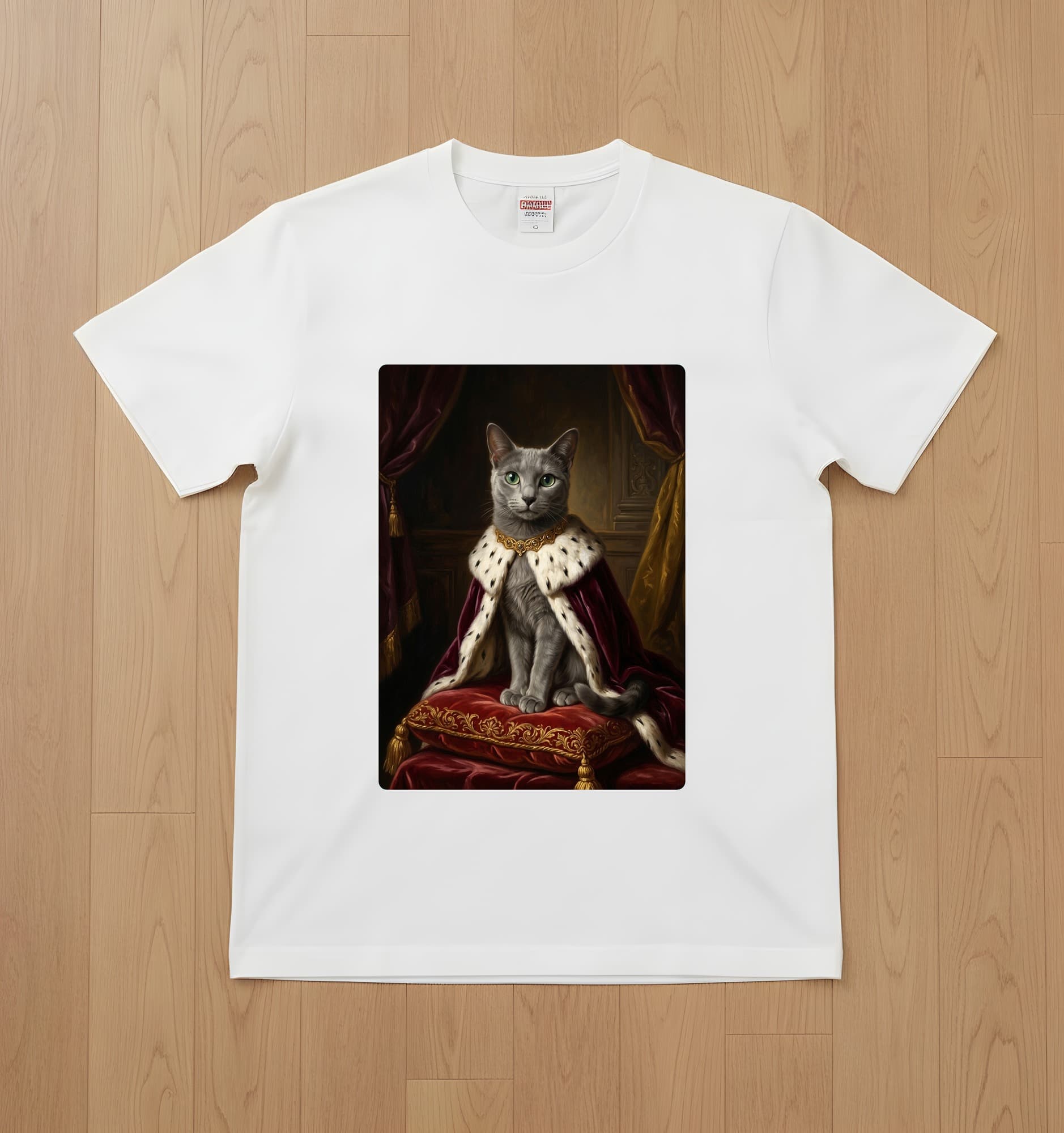 ロシアンブルーのルネサンス肖像画Tシャツ(ホワイト・モノクロプリント・額縁デザインあり)