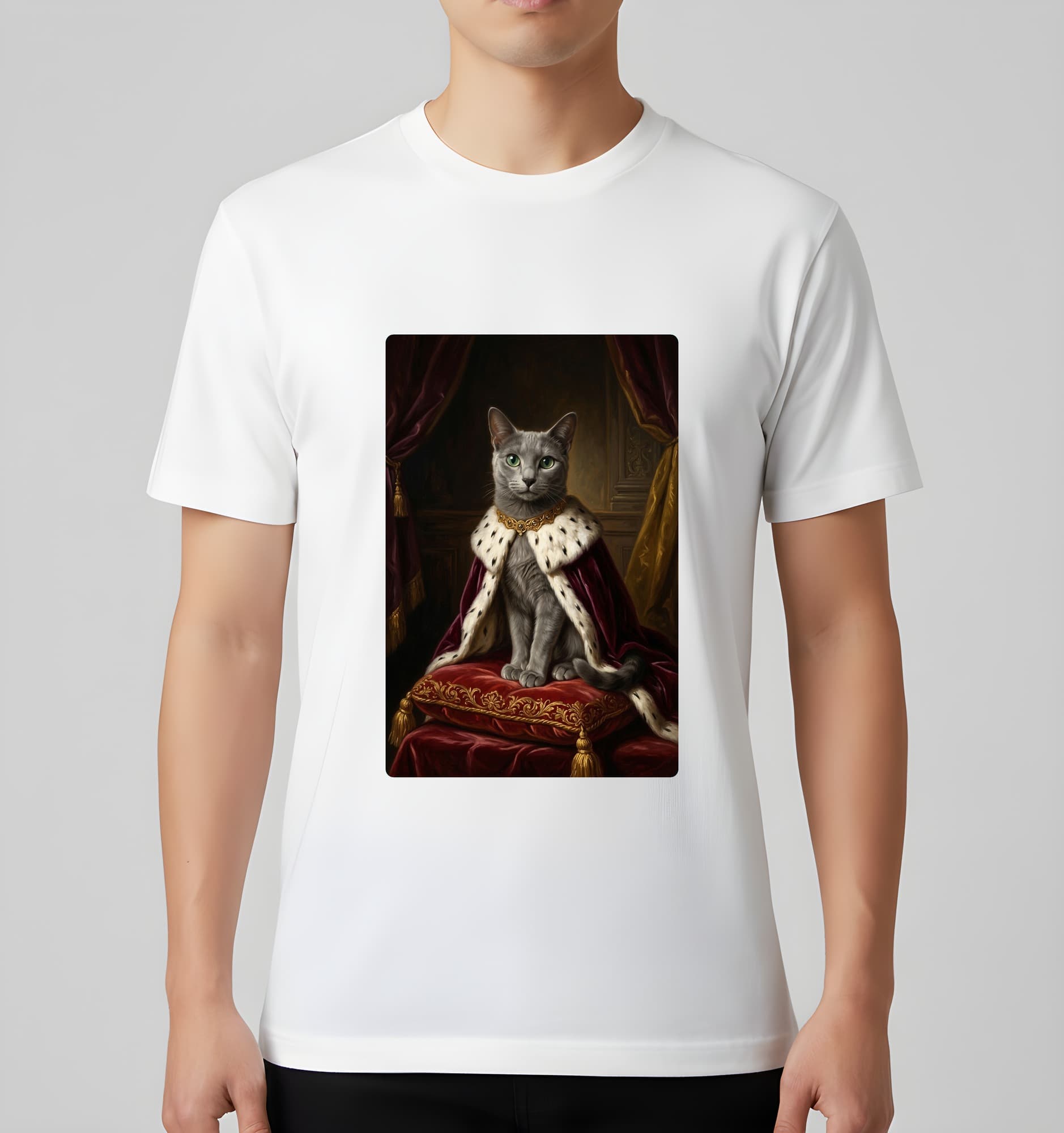 ロシアンブルーのルネサンス肖像画Tシャツ(ホワイト・モノクロプリント・額縁デザインあり) 3