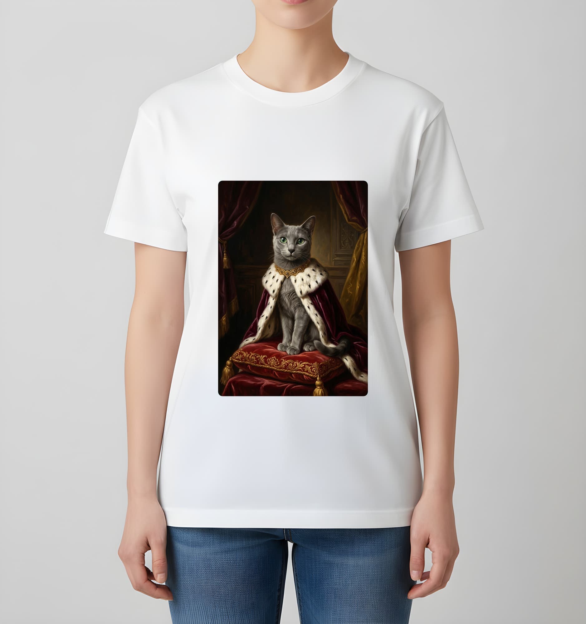 ロシアンブルーのルネサンス肖像画Tシャツ(ホワイト・モノクロプリント・額縁デザインあり) 4