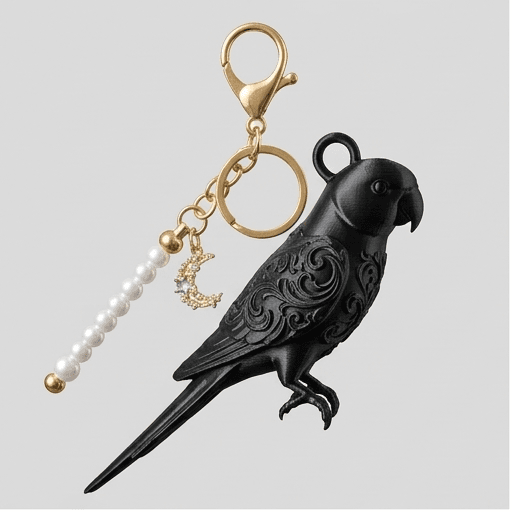 Indian Ringneck Parakeet Renaissance Portrait Keychain (Silky Black)