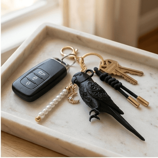Indian Ringneck Parakeet Renaissance Portrait Keychain (Silky Black) 2