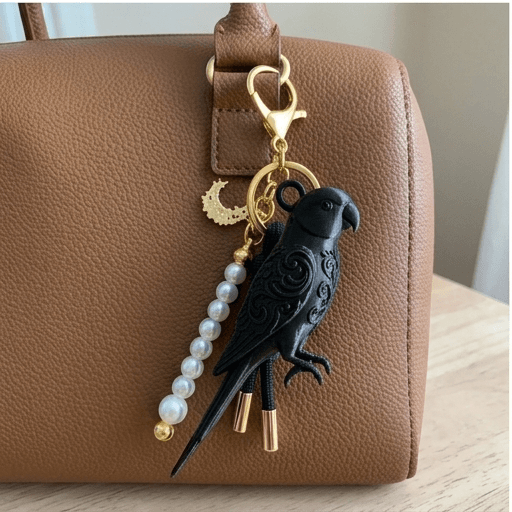 Indian Ringneck Parakeet Renaissance Portrait Keychain (Silky Black) 3