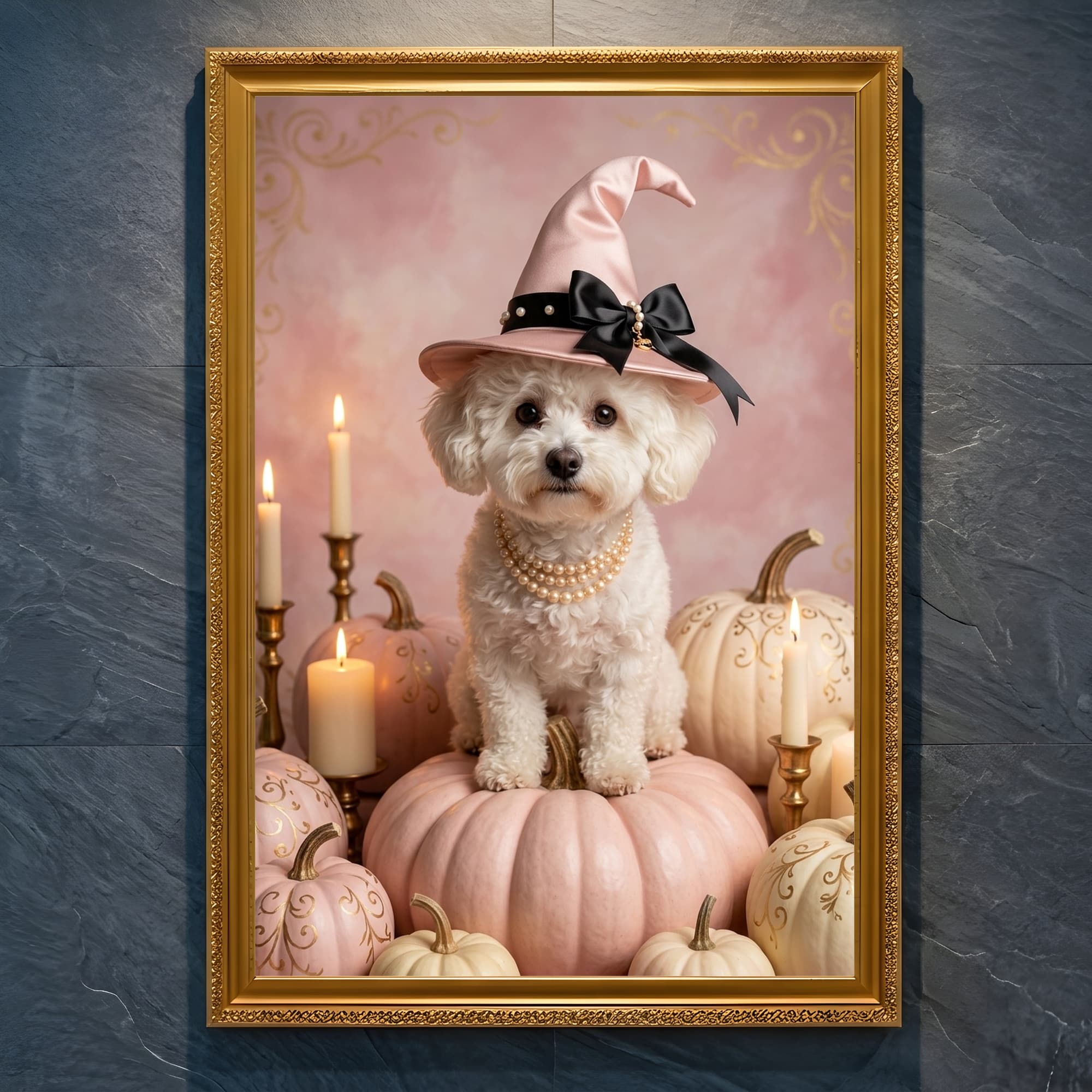 ビションフリーゼのかぼちゃとキャンドルの油絵風アートハロウィン額装プリント(A4金縁)