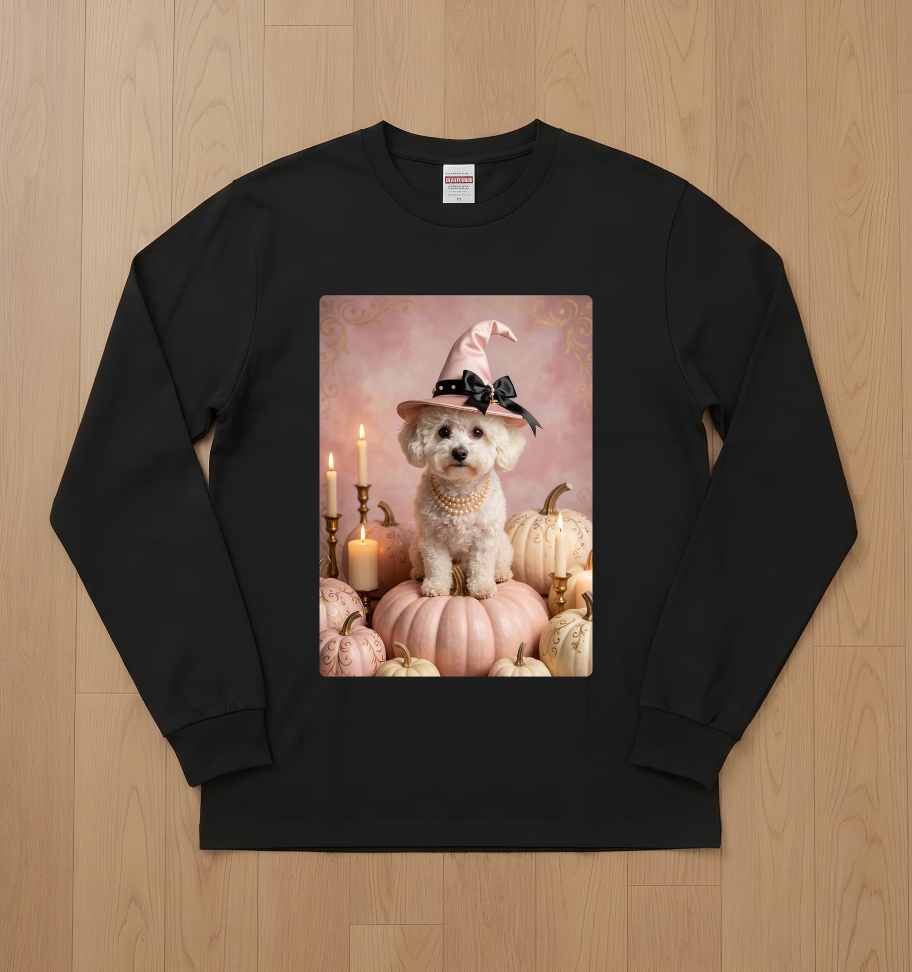 ビションフリーゼのかぼちゃとキャンドルの油絵風アートハロウィン長袖Tシャツ(ブラック)