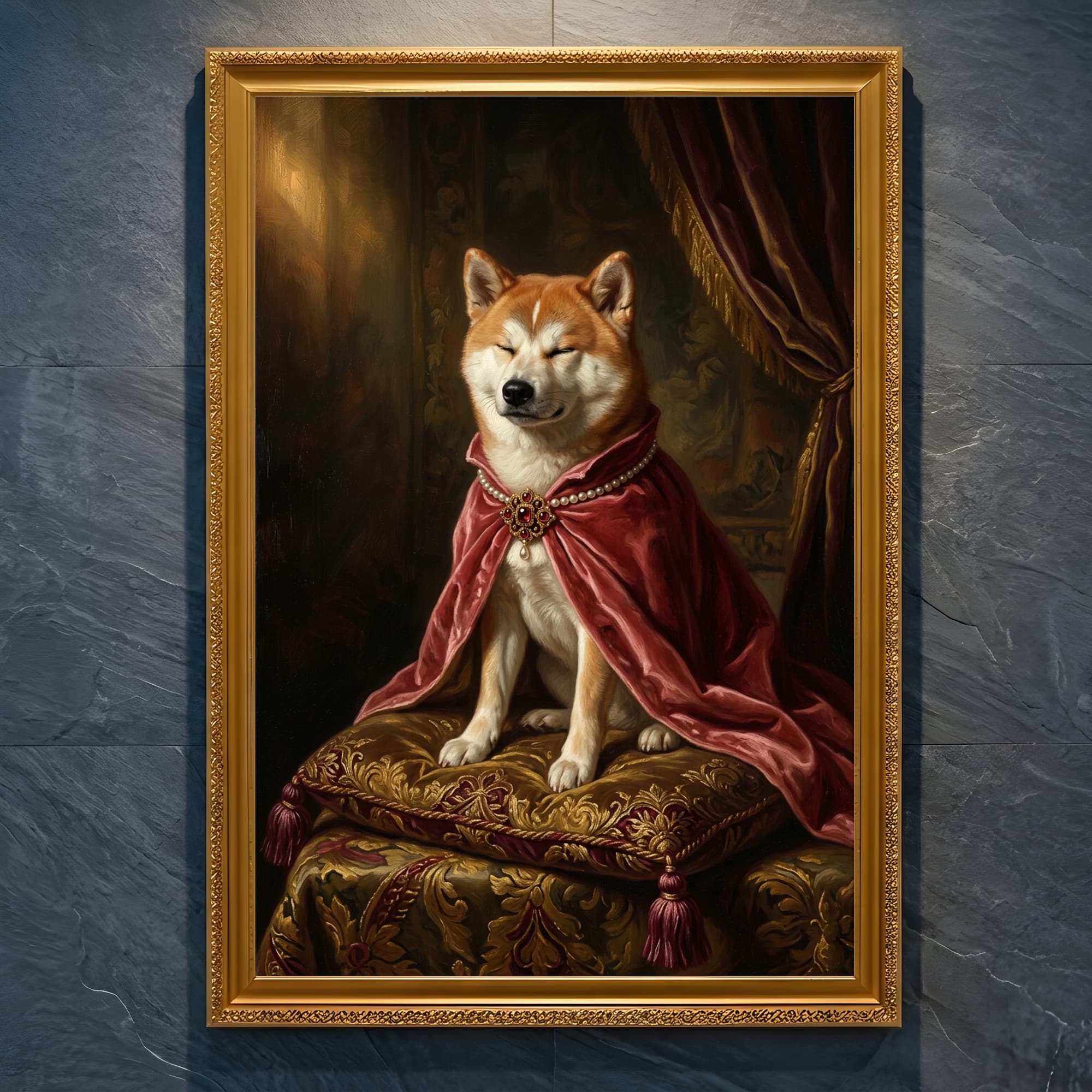 柴犬のルネサンス肖像画額装プリント(A4金縁)