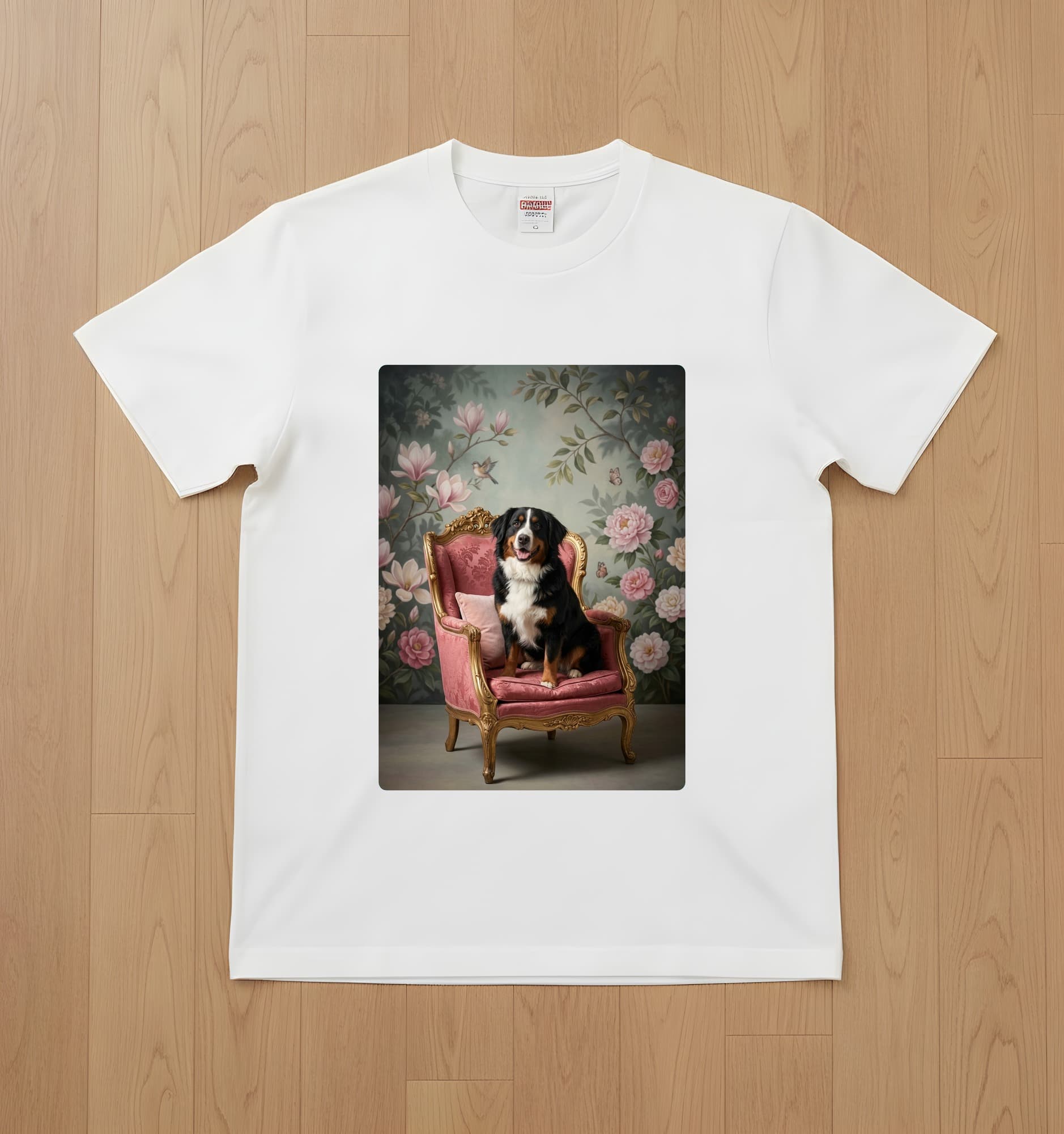 バーニーズマウンテンドッグのシャビーピンクの油絵風アートロココ調Tシャツ(ホワイト)