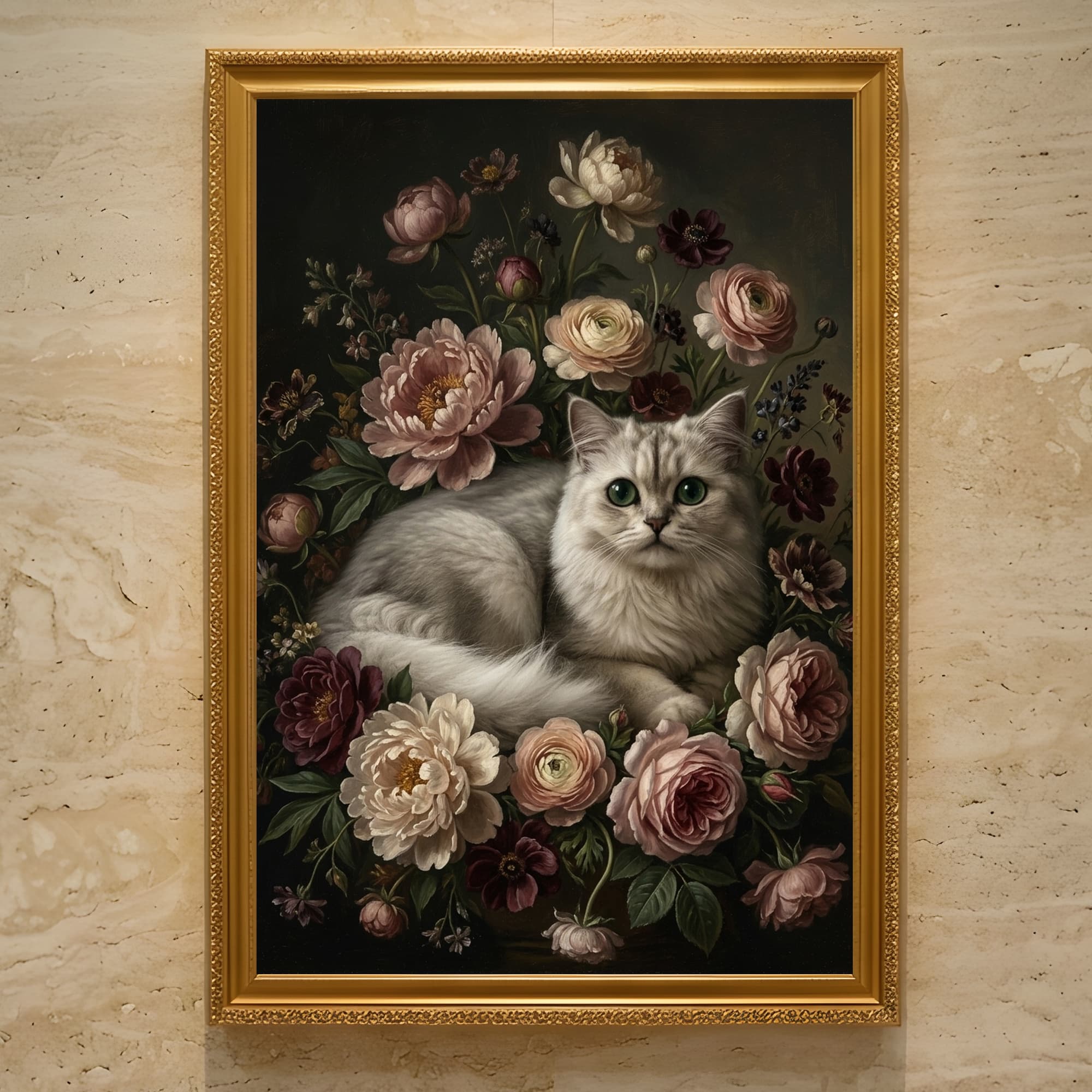 チンチラペルシャの花の油絵風アート花柄額装プリント(A3サイズ)