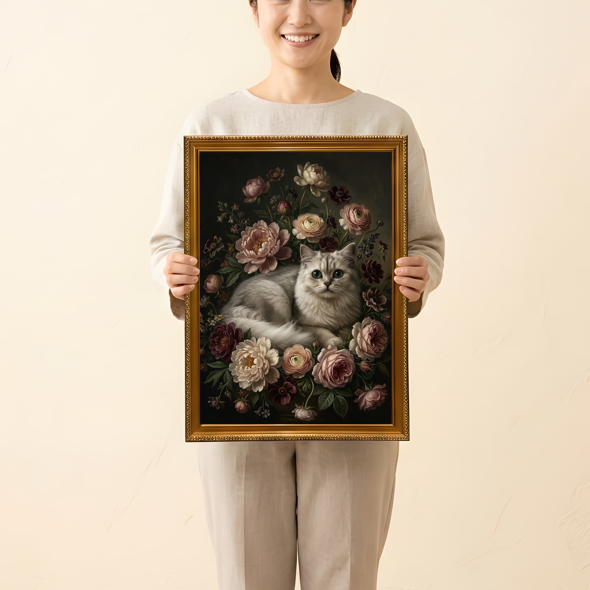 チンチラペルシャの花の油絵風アート花柄額装プリント(A3サイズ) 2