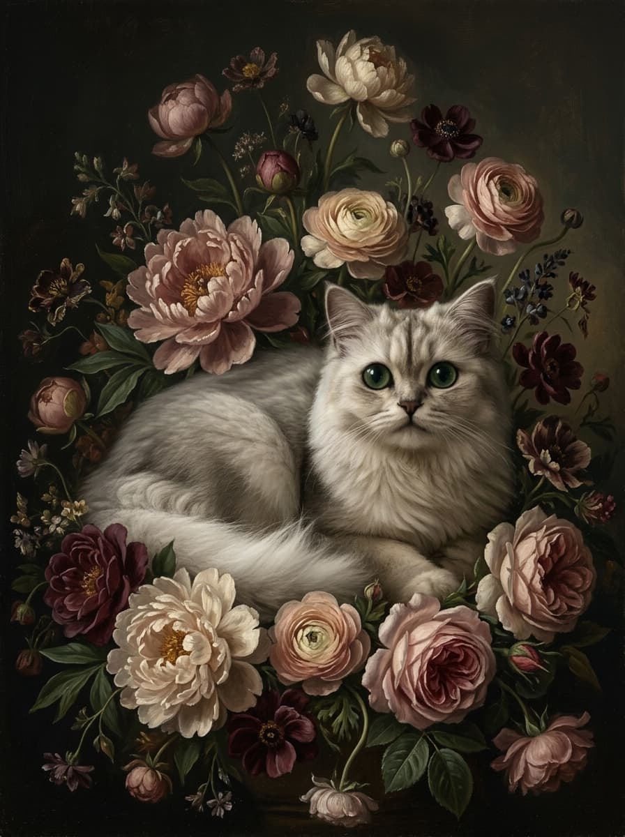 チンチラペルシャの花の油絵風アート花柄額装プリント(A3サイズ) 4