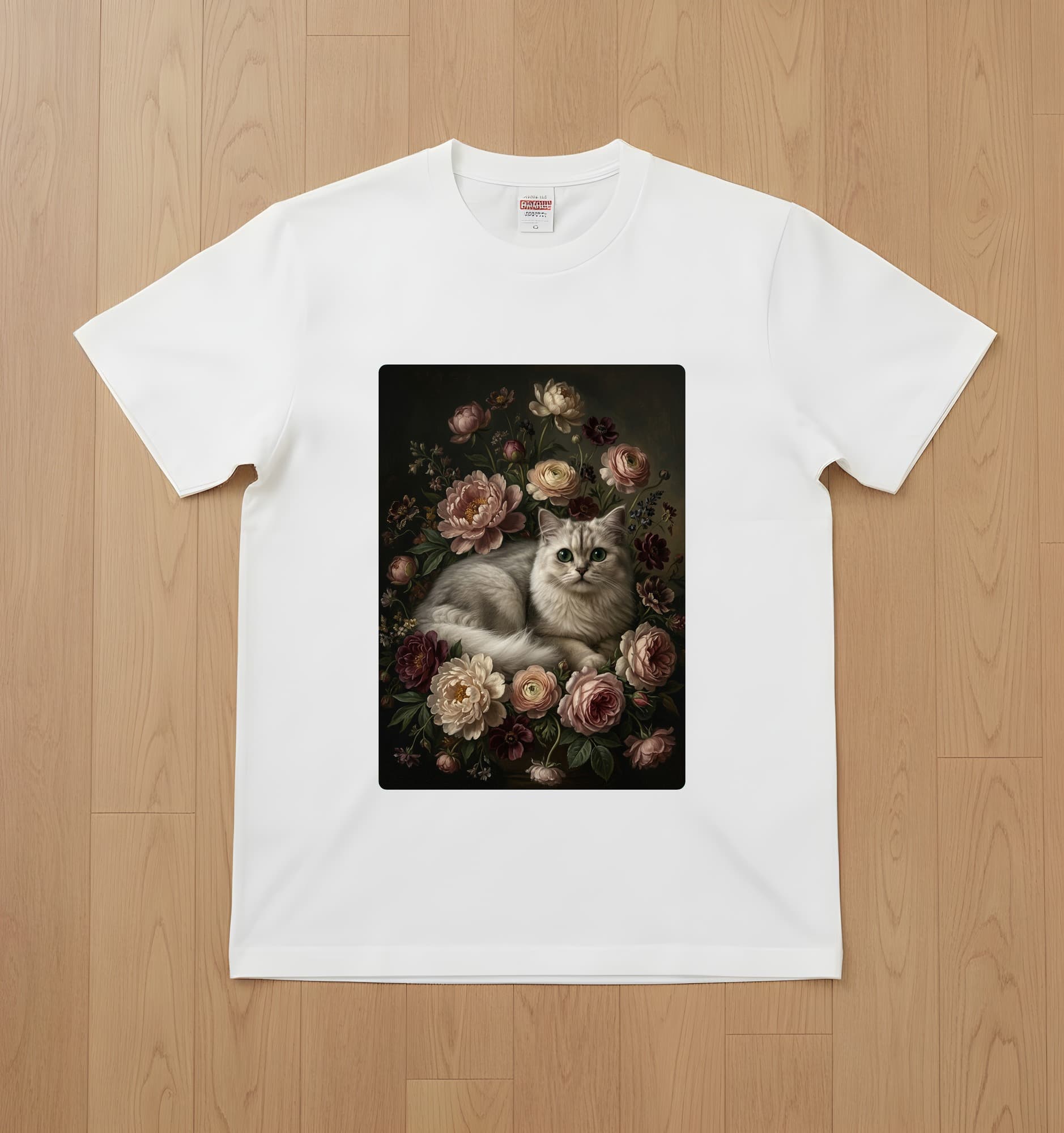 チンチラペルシャの花の油絵風アート花柄Tシャツ(ホワイト)