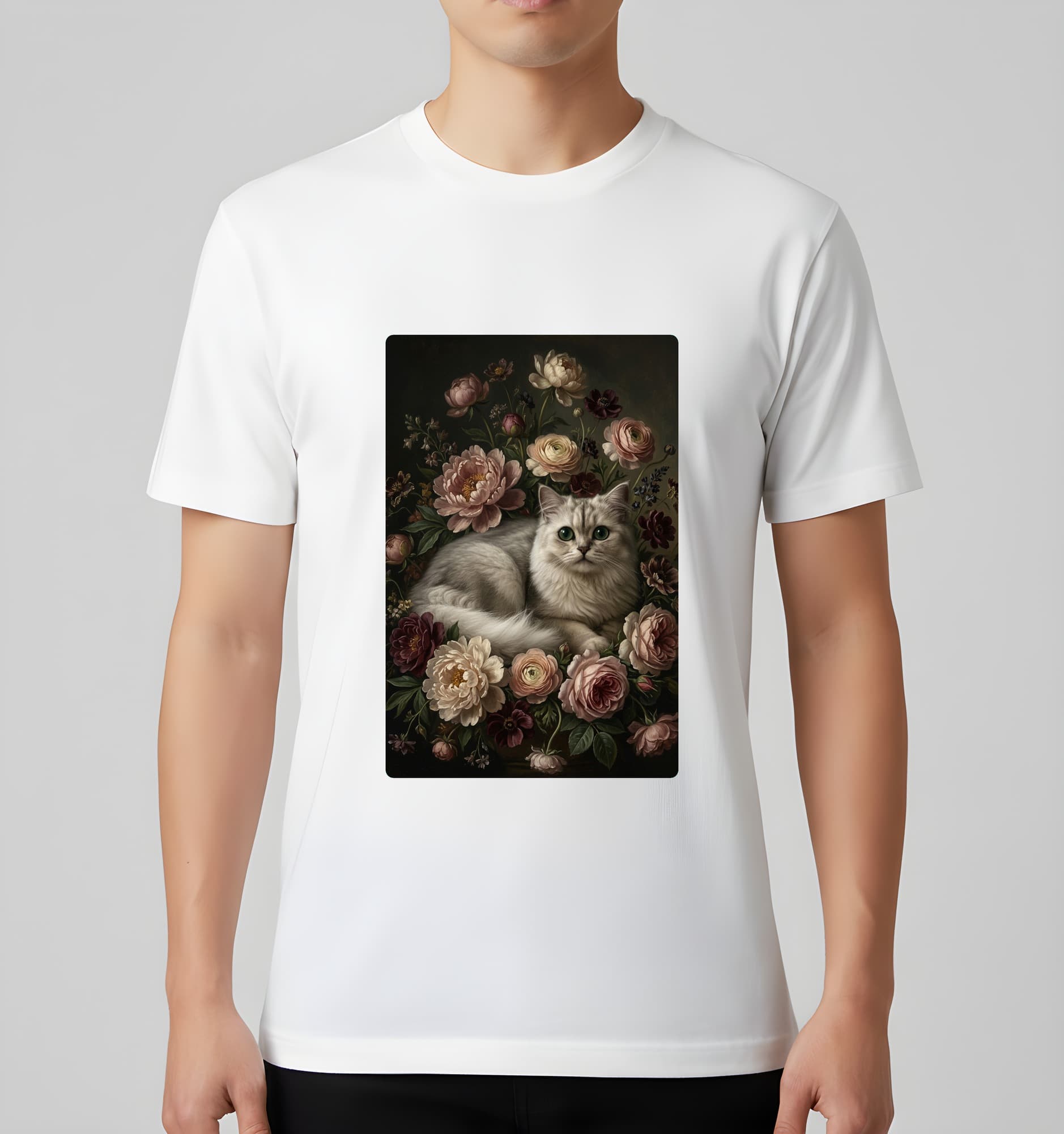 チンチラペルシャの花の油絵風アート花柄Tシャツ(ホワイト) 3