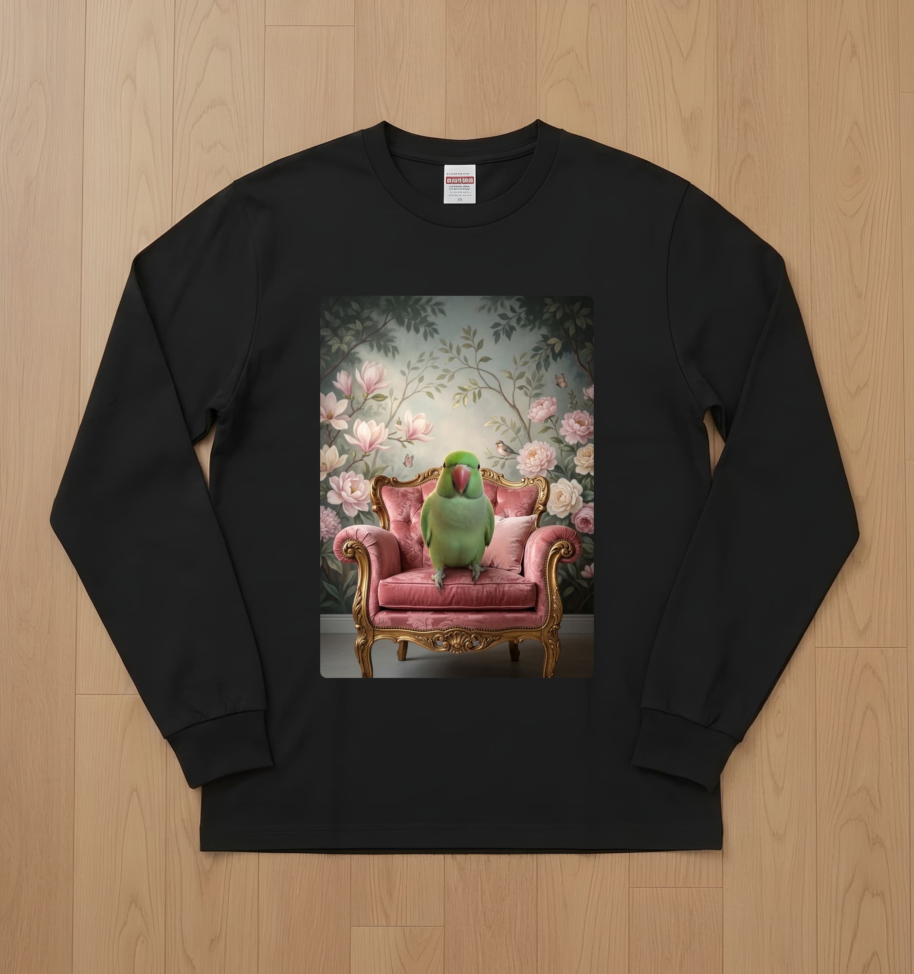 Indian Ringneck Parakeet Shabby Pink Oil-Painting Rococo Long Sleeve T-Shirt (Black)