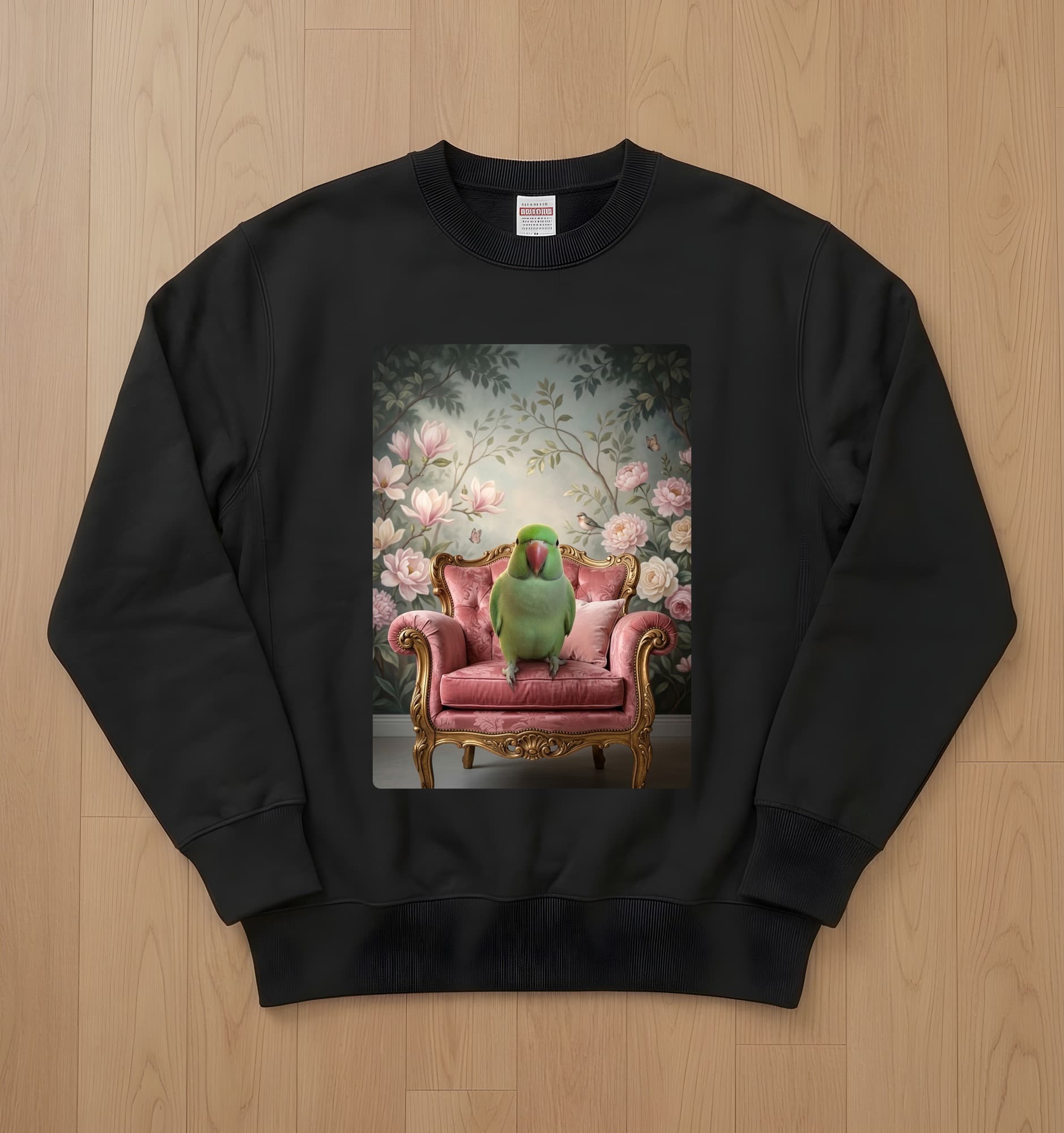 Indian Ringneck Parakeet Shabby Pink Oil-Painting Rococo Sweatshirt (Black)