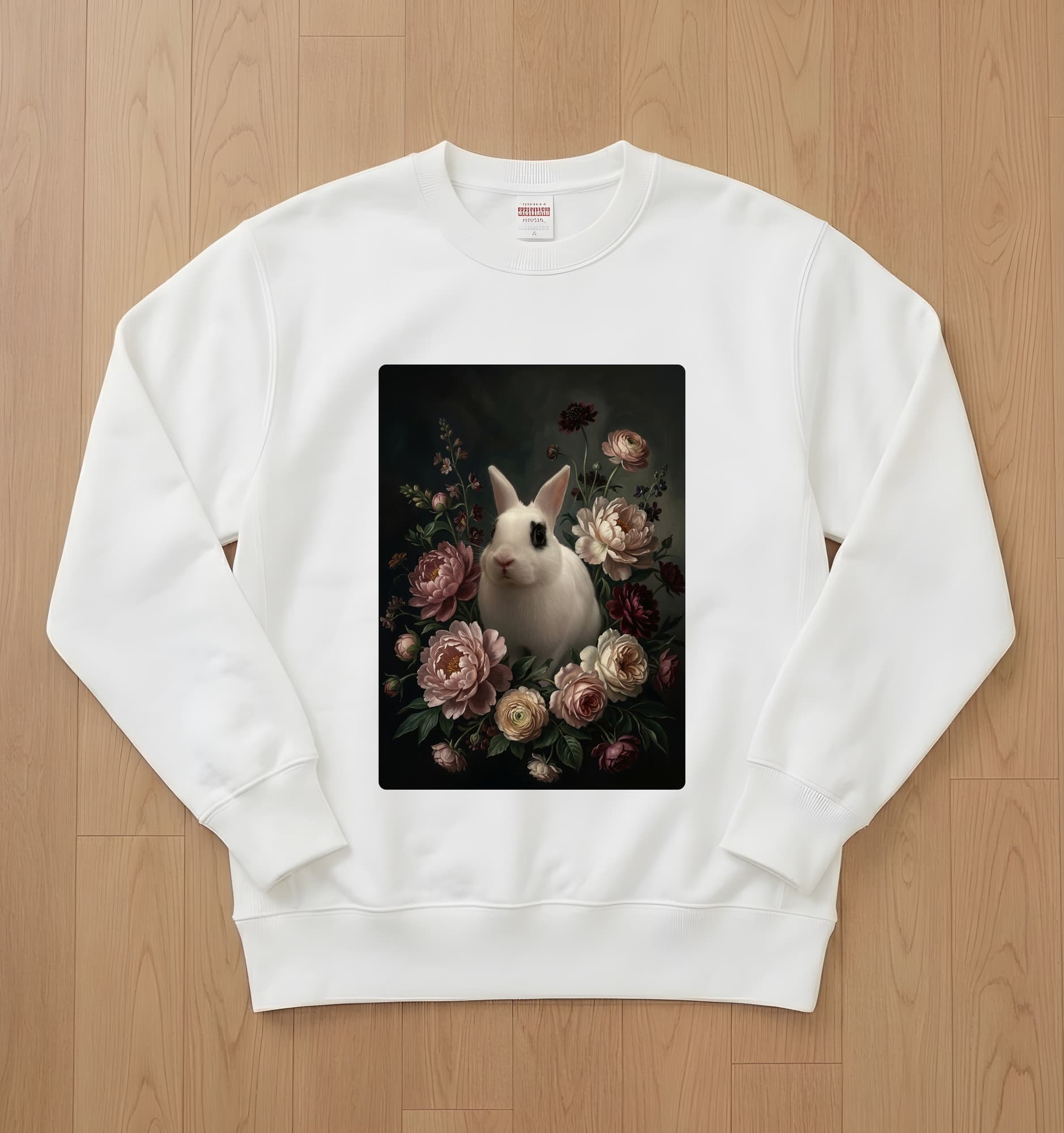 Dwarf Hotot Floral Oil-Painting Floral Sweatshirt (White)