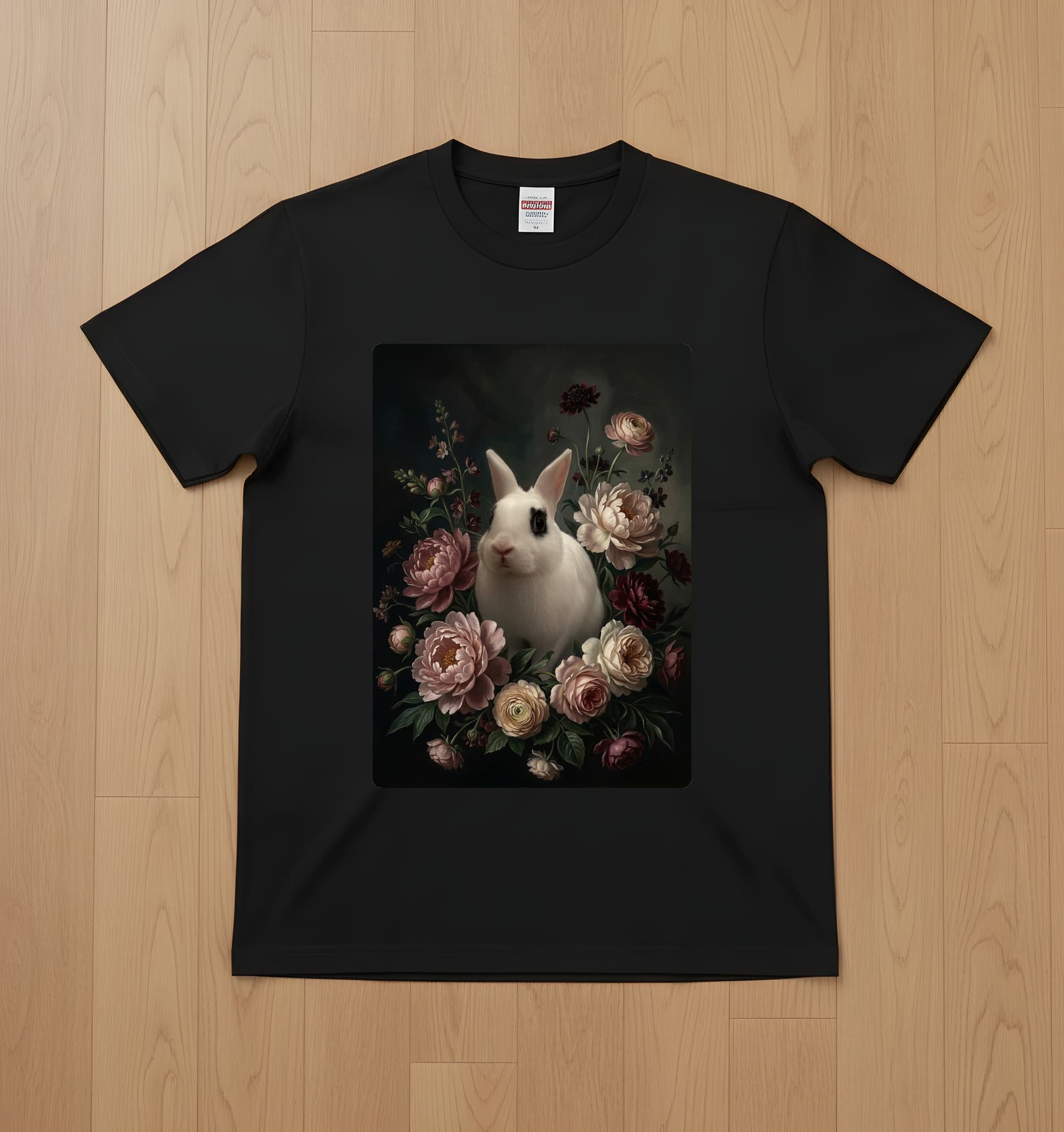 ドワーフホトの花の油絵風アート花柄Tシャツ(ブラック)