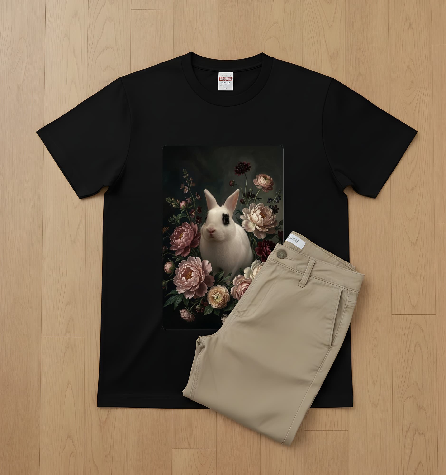 ドワーフホトの花の油絵風アート花柄Tシャツ(ブラック) 2