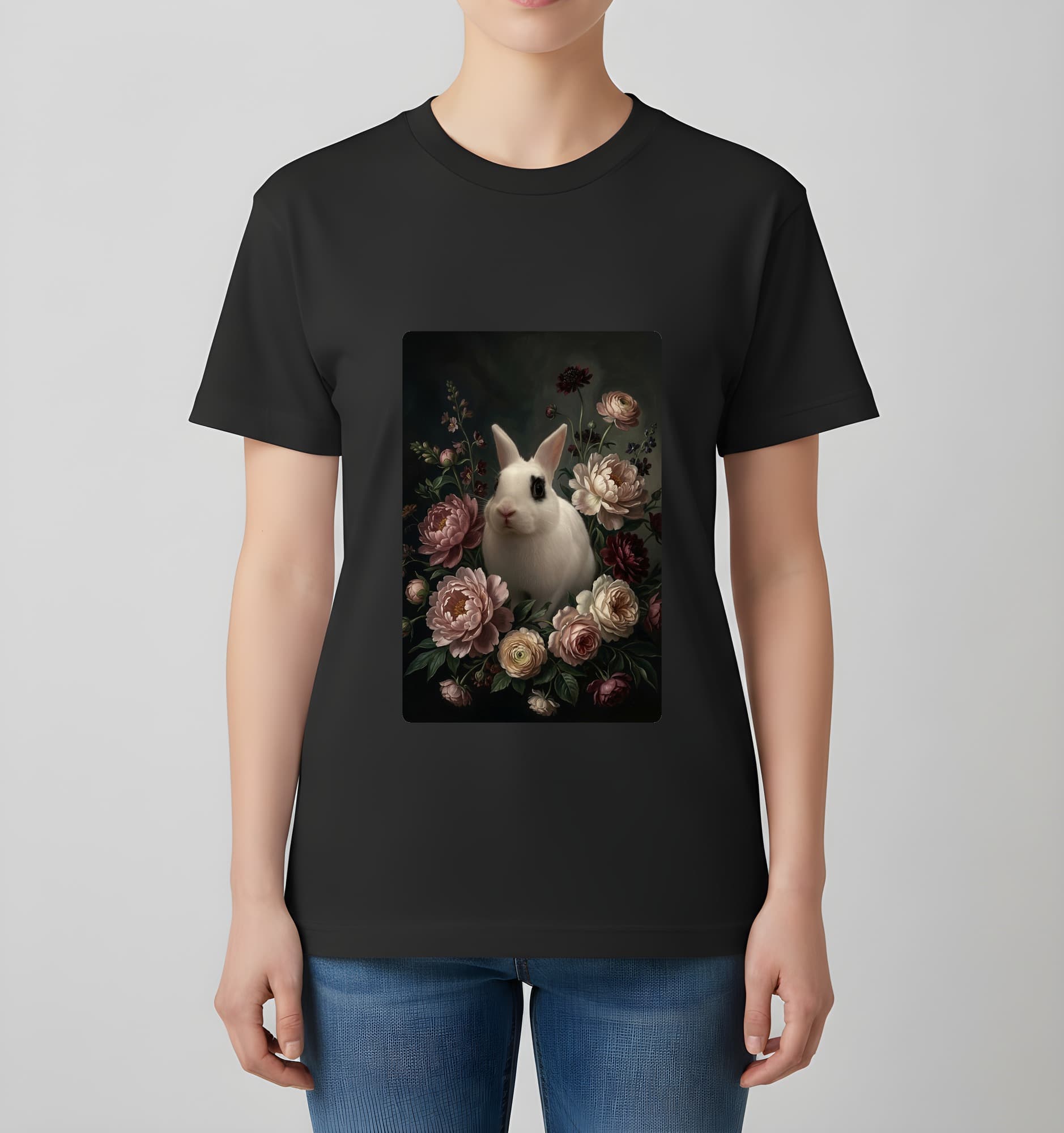 ドワーフホトの花の油絵風アート花柄Tシャツ(ブラック) 4