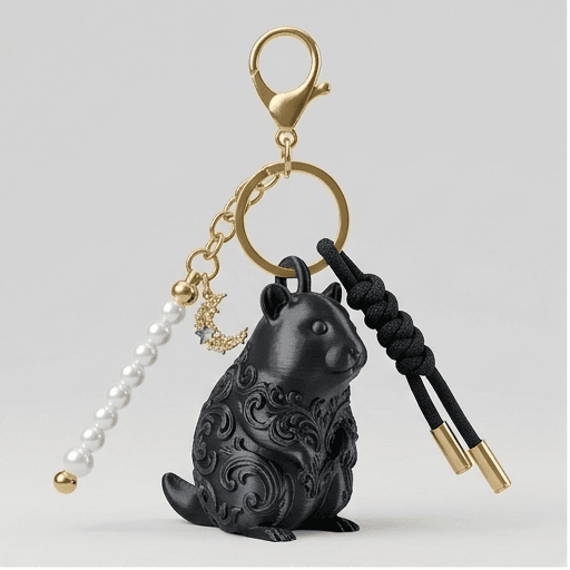 ブラックベアハムスターのルネサンス肖像画キーホルダー(シルクブラック)
