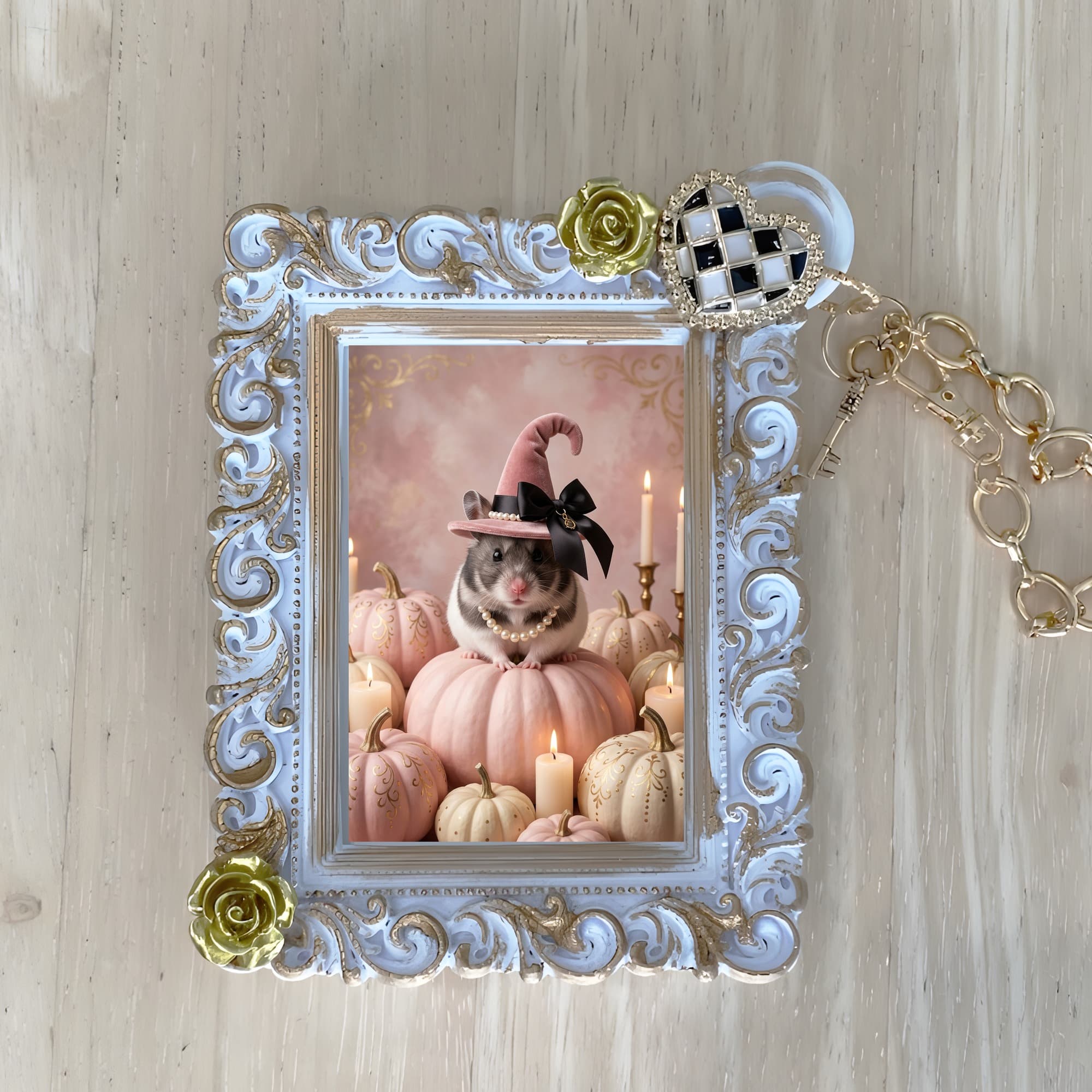Panda hamster Pumpkin & Candlelight Oil-Painting Halloween Bag Charm (White)