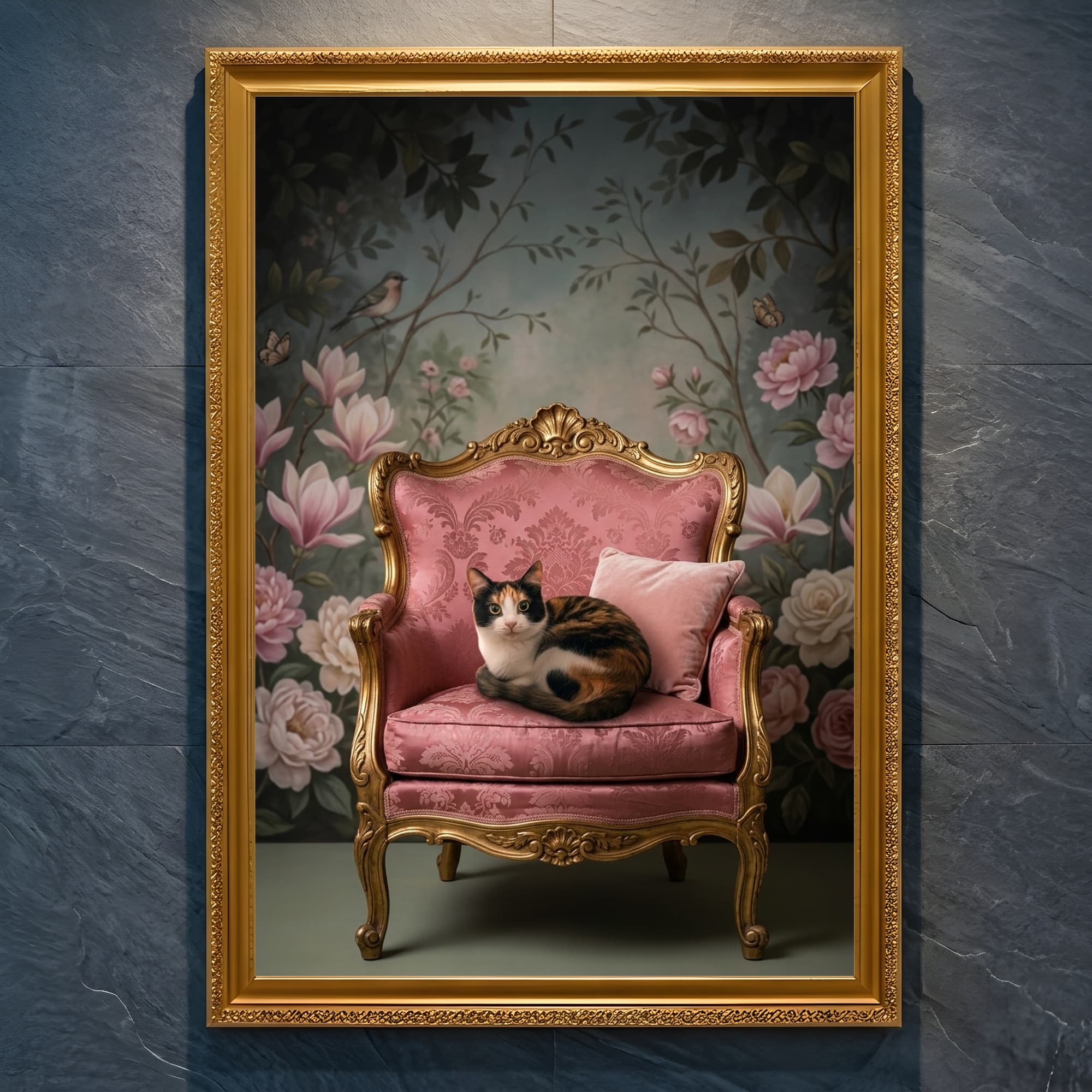 猫のシャビーピンクの油絵風アートロココ調額装プリント(A4金縁)